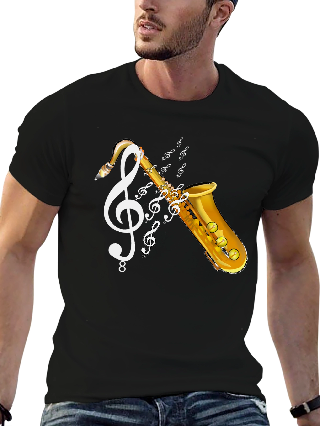 Black Saxophone Music T-Shirt - Musical Clef Design view 6