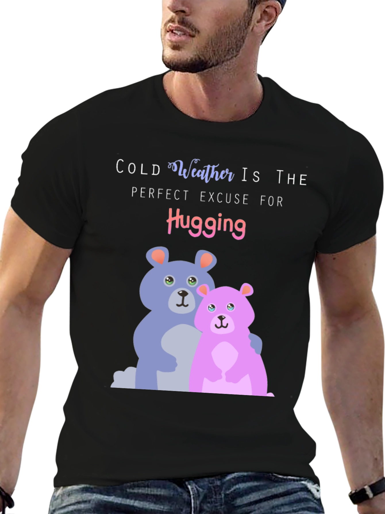 Black Cute Hugging Bears T-Shirt: Perfect for Cold Weather! view 6