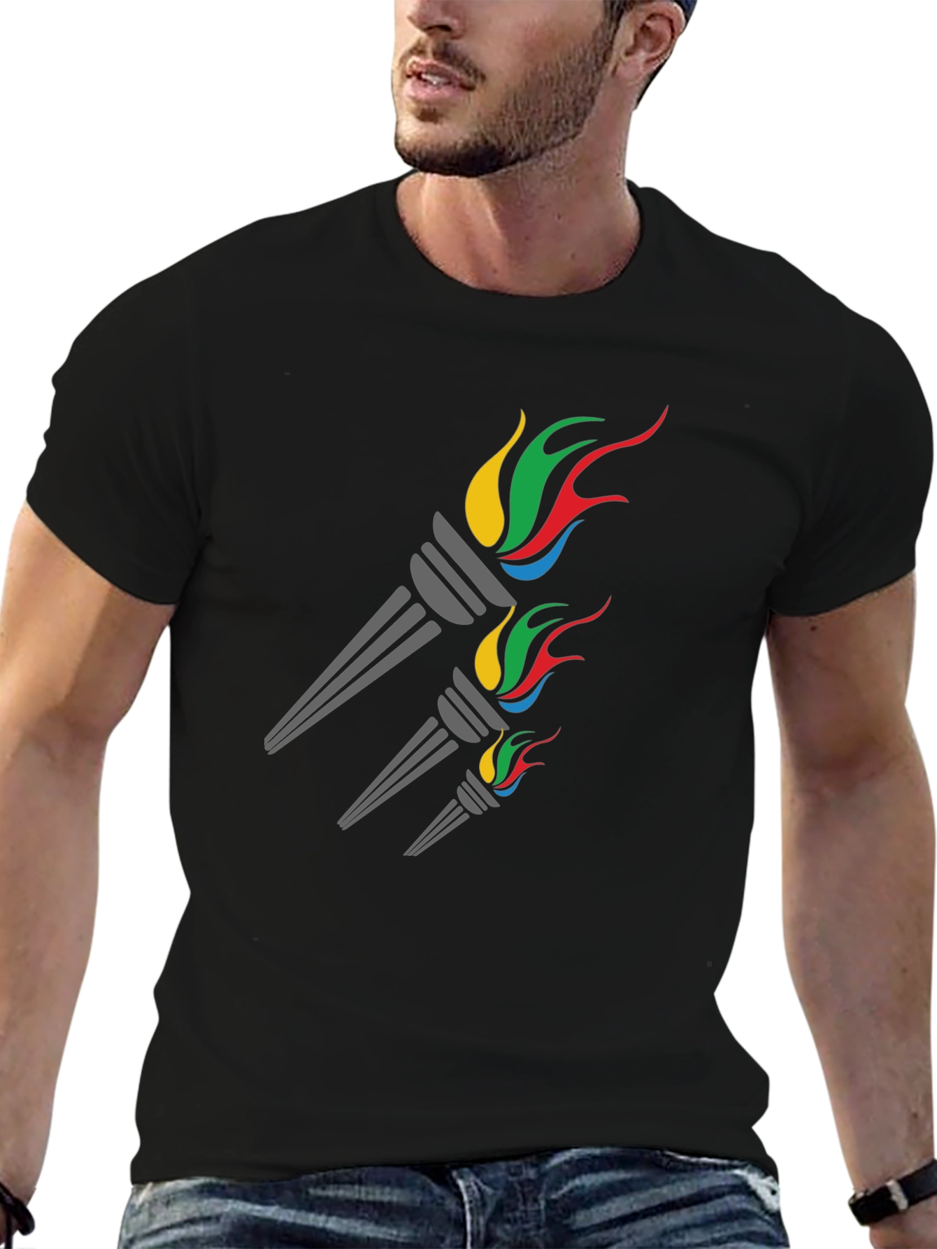 Black Olympic Torch Graphic Tee - Stylish Men's Black T-Shirt view 6