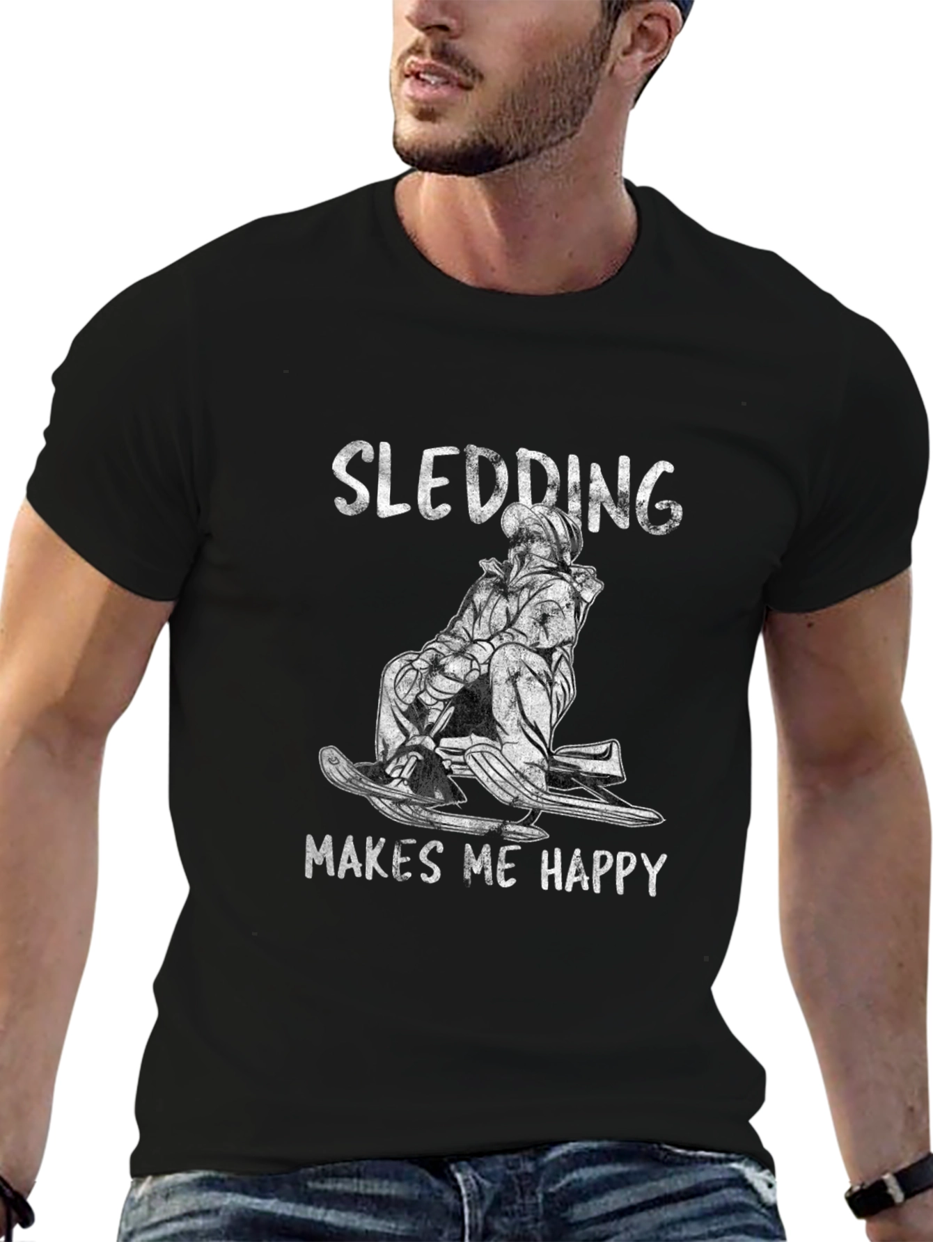 Black Sledding Makes Me Happy Black T-Shirt view 6