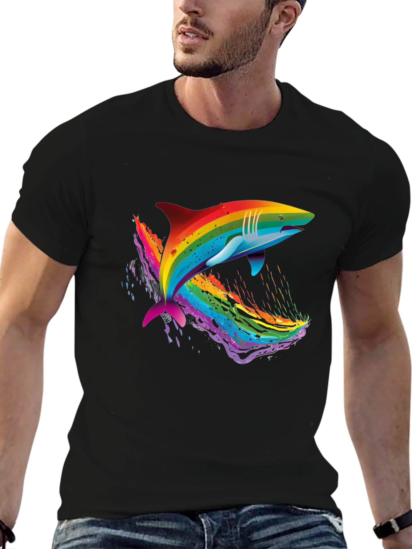 Black Rainbow Shark Graphic Black T-Shirt view 6