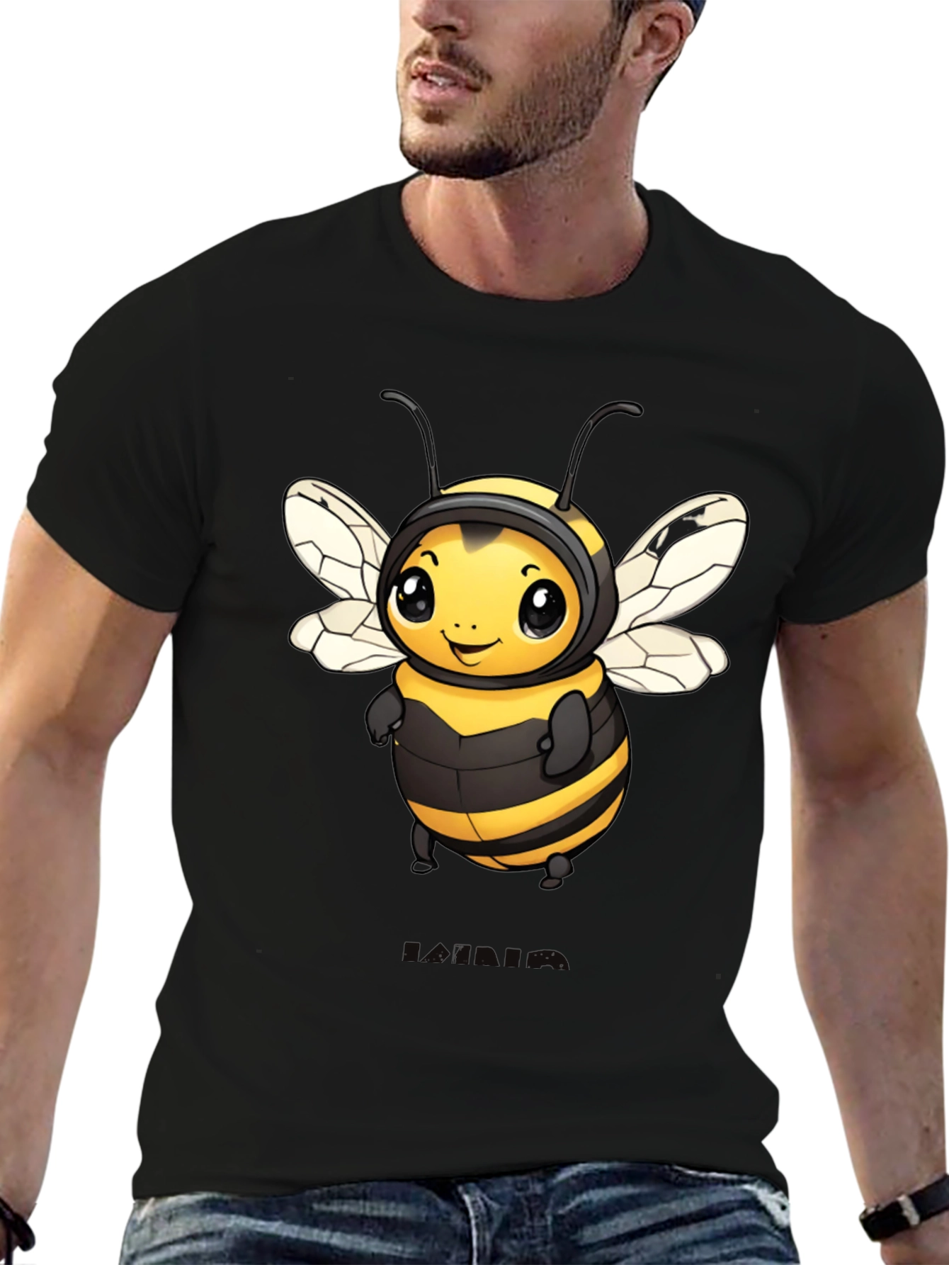 Black Cute Bee Graphic Black T-Shirt view 6