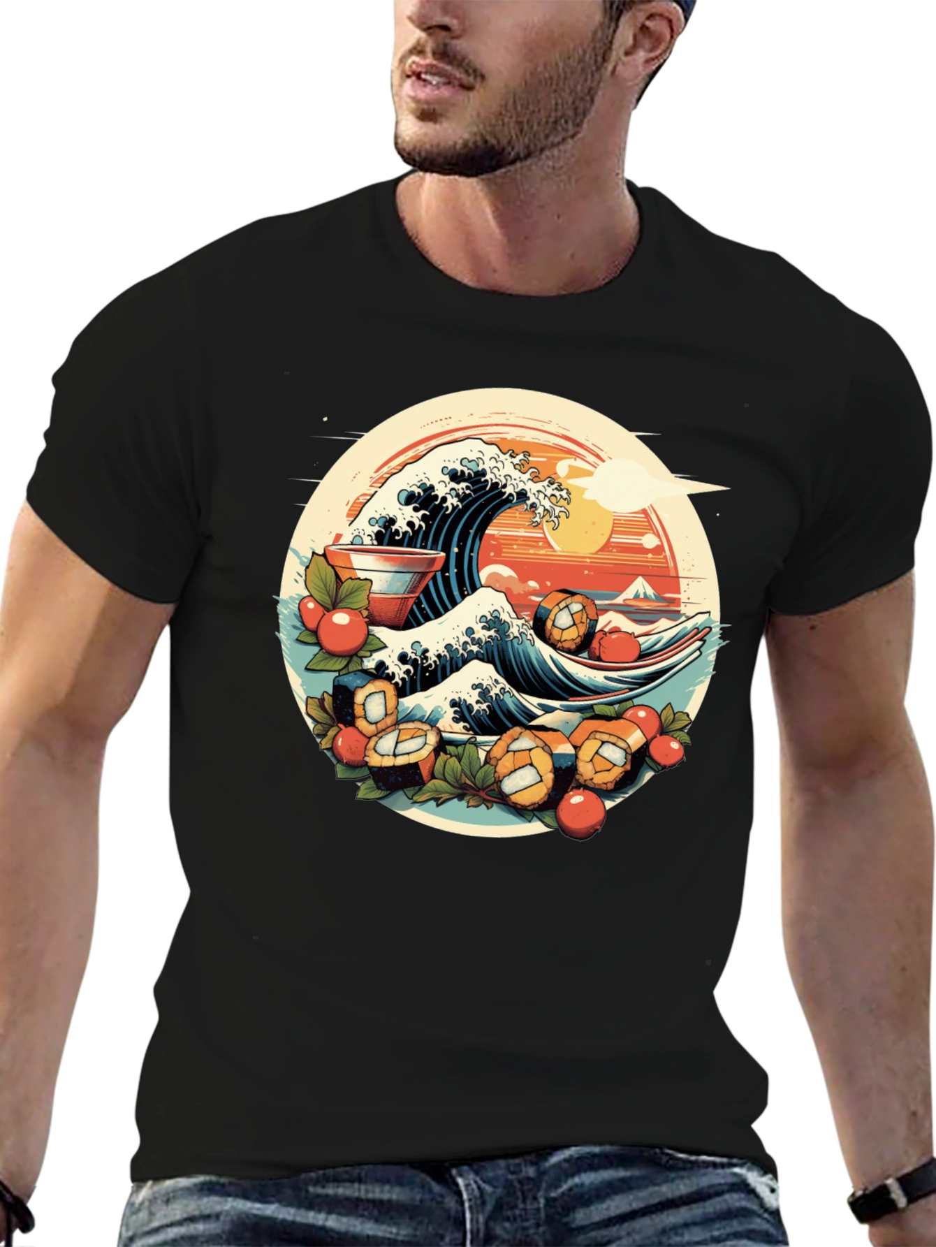 Black Sushi Wave Graphic Tee - Unique Japanese Art Shirt view 6