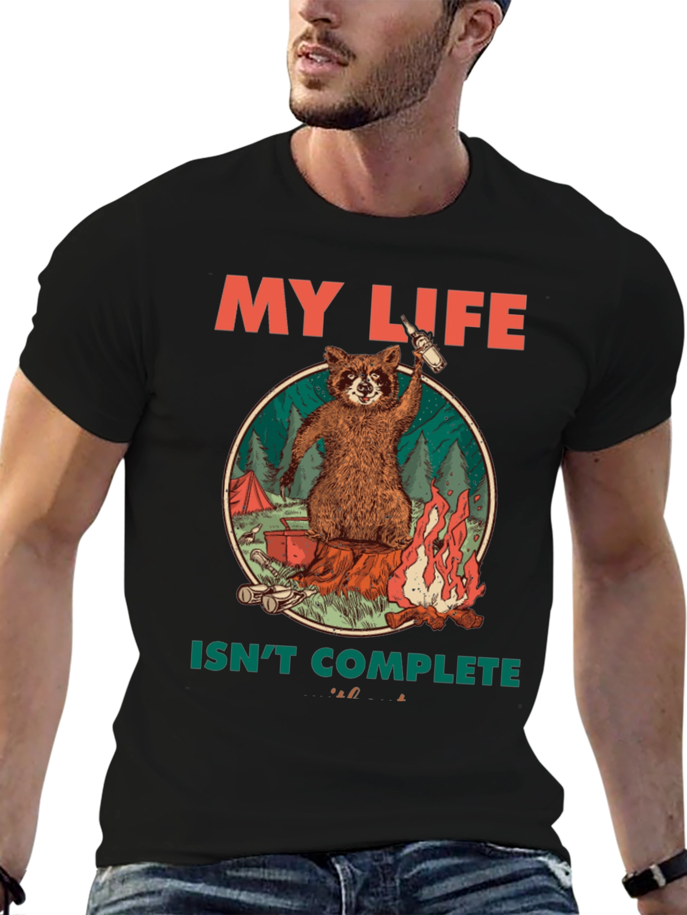 Black My Life Isn't Complete Raccoon Camping T-Shirt view 6