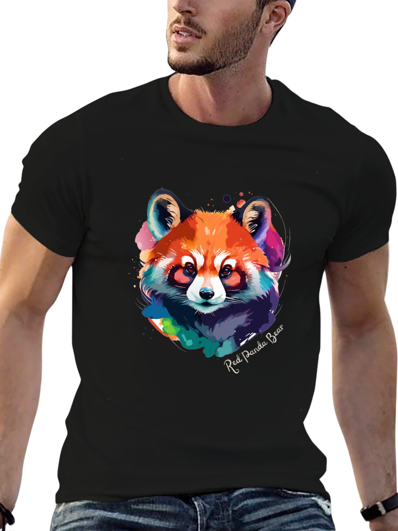 Black Red Panda Bear Graphic Tee - Watercolor Design view 6