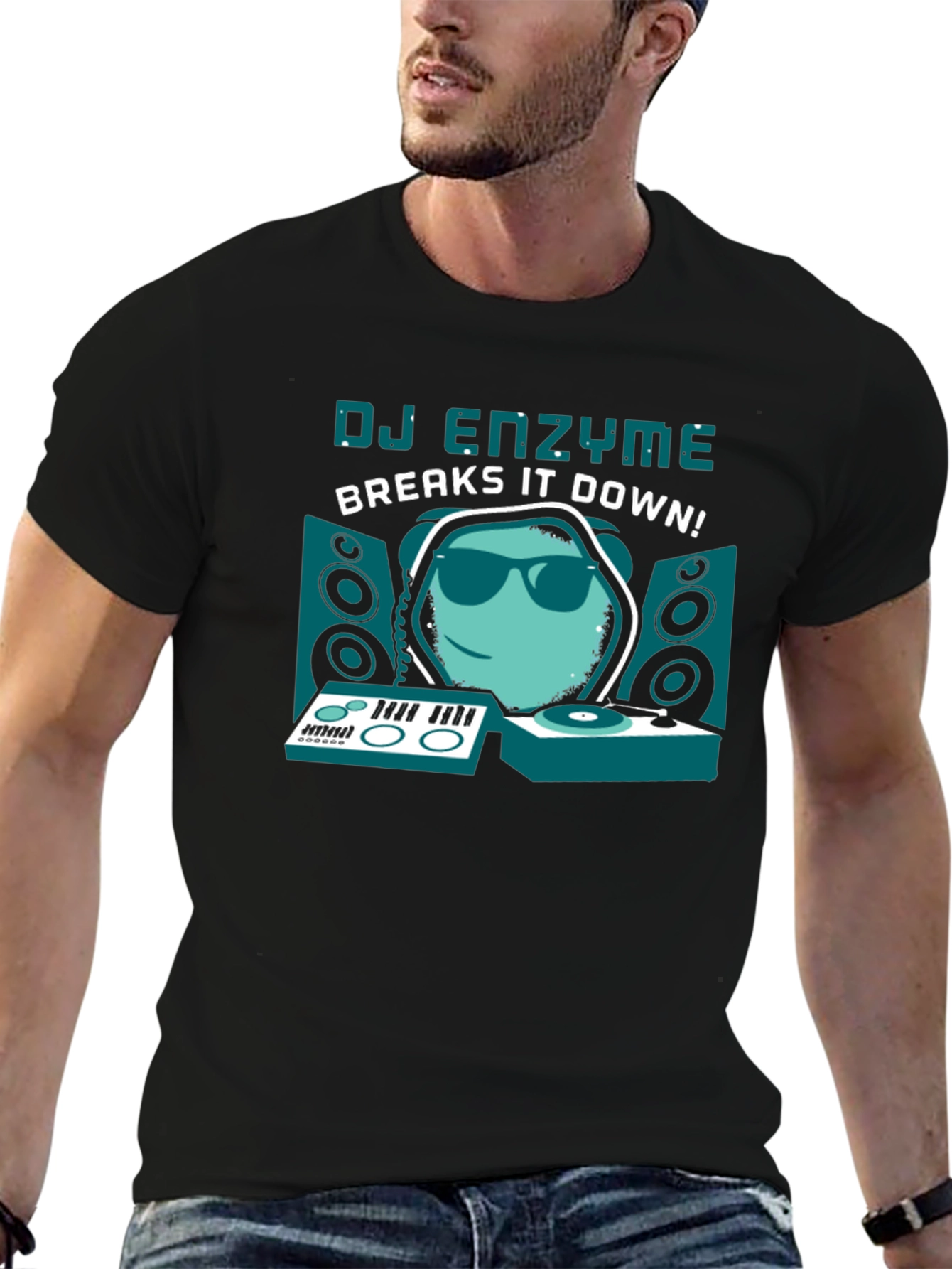 Black DJ Enzyme Breaks It Down! Graphic T-Shirt view 6