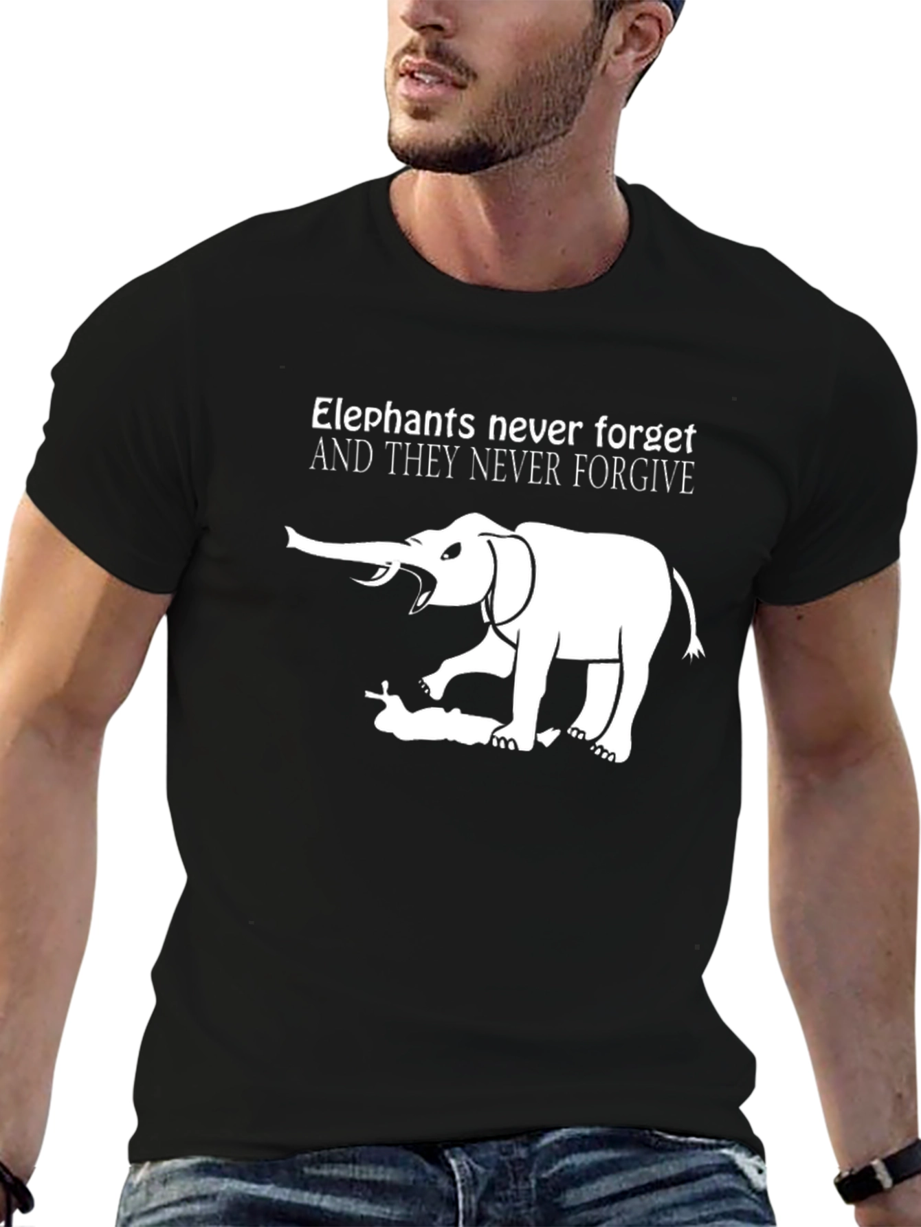 Black Elephant Never Forgets Black Graphic Tee view 6