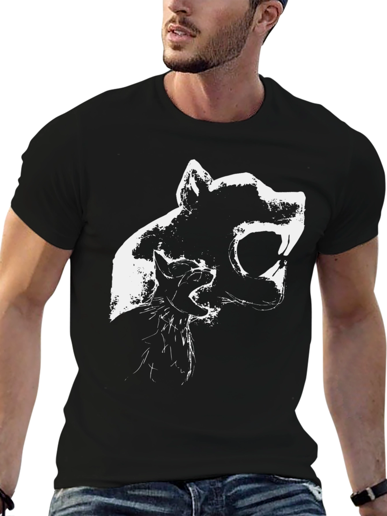 Black Black T-Shirt with Abstract Animal Graphic Print view 6