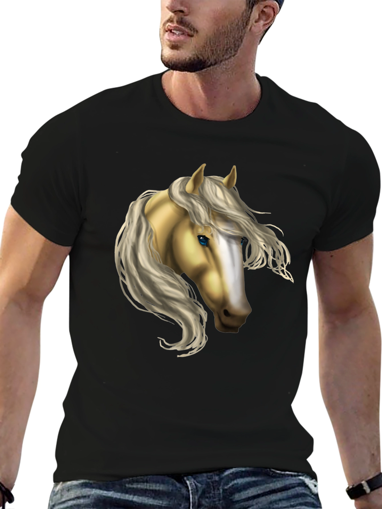 Black Horse Graphic T-Shirt - Black Cotton Blend Tee view 6