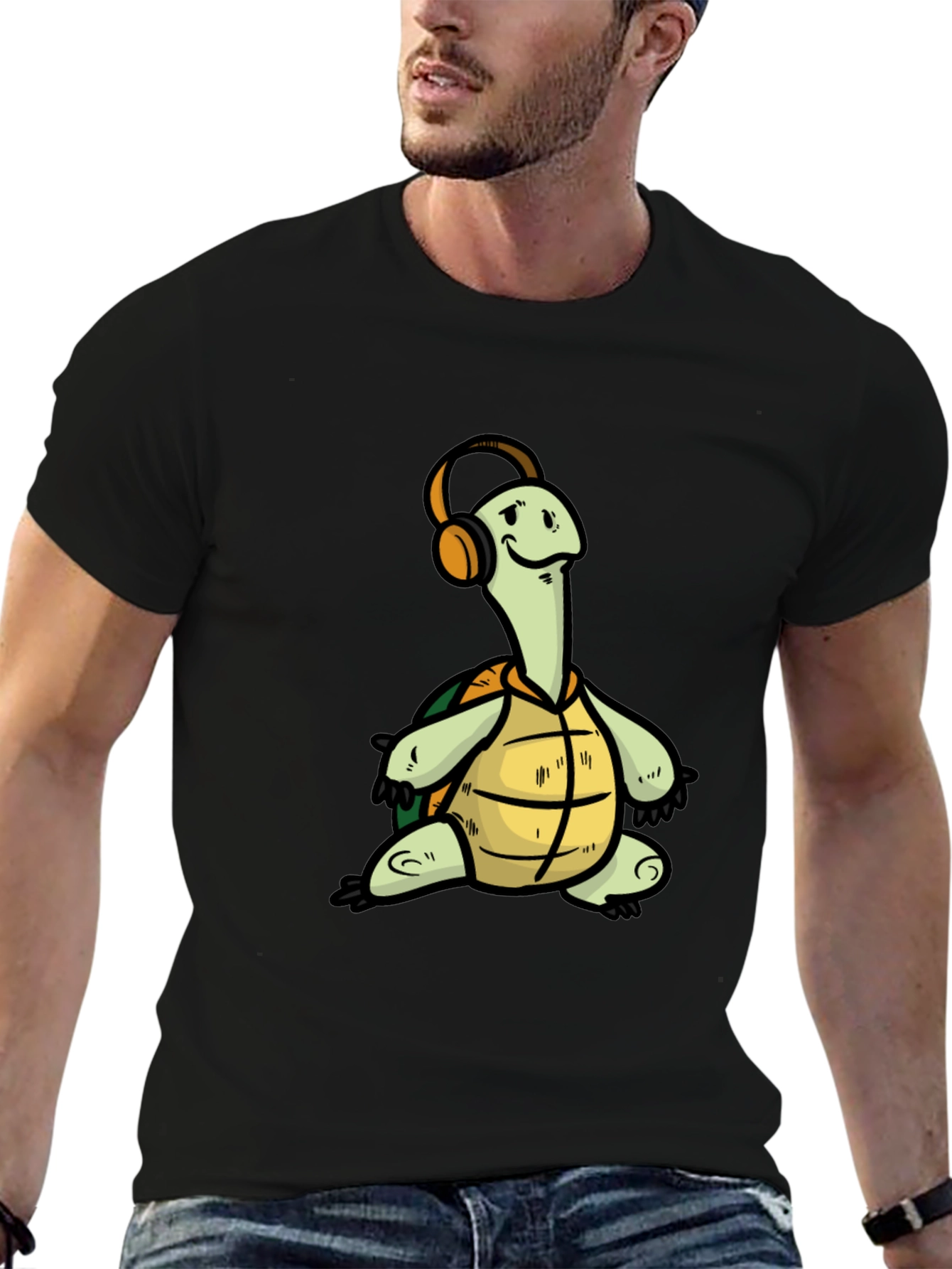 Black Turtle with Headphones Graphic T-Shirt view 6