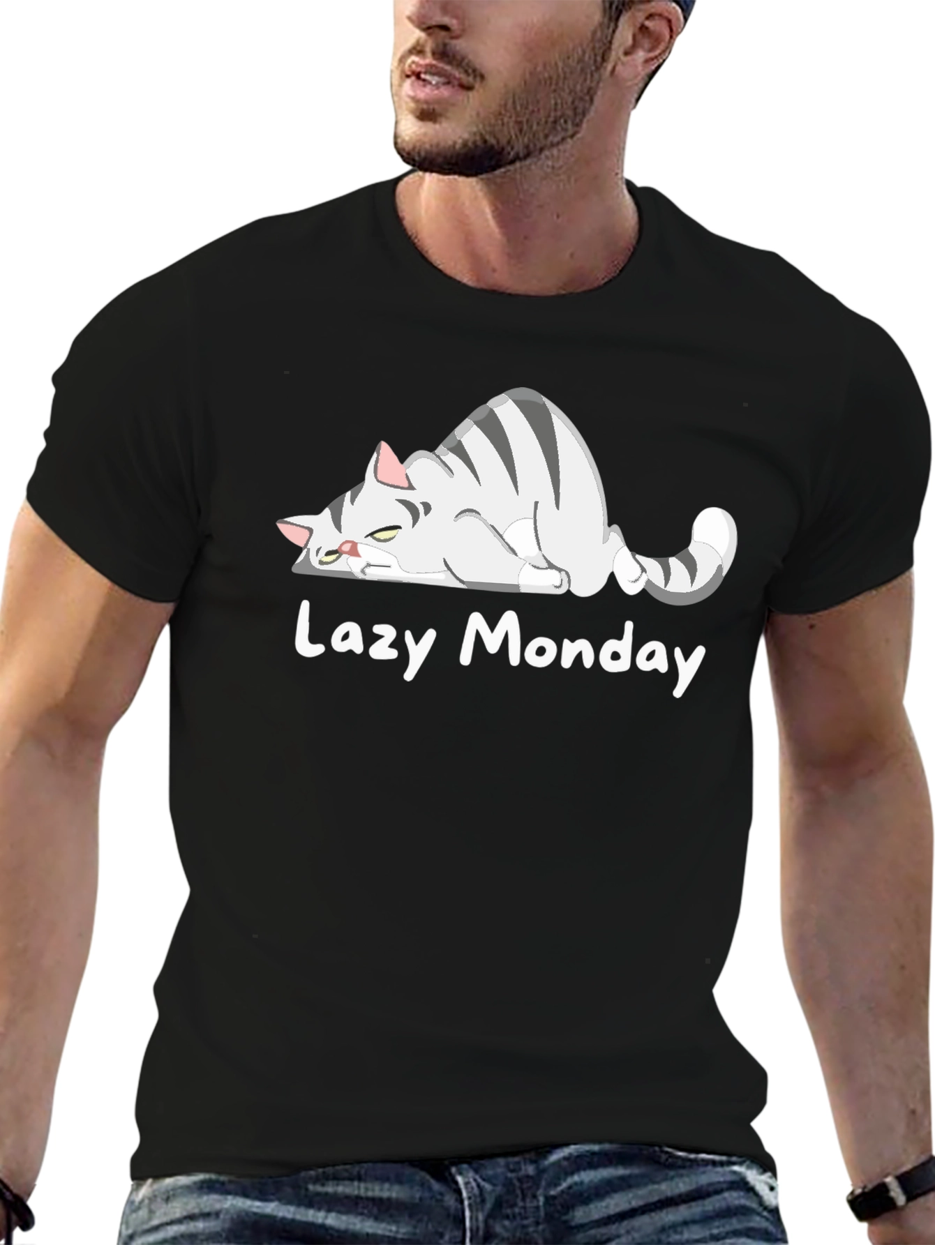 Black Lazy Monday Cat T-Shirt - Unisex Graphic Tee view 6