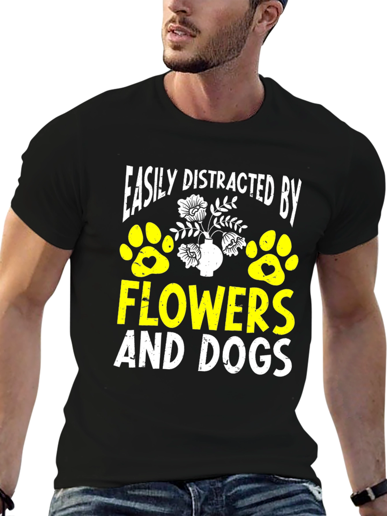 Black Easily Distracted By Flowers And Dogs T-Shirt view 6