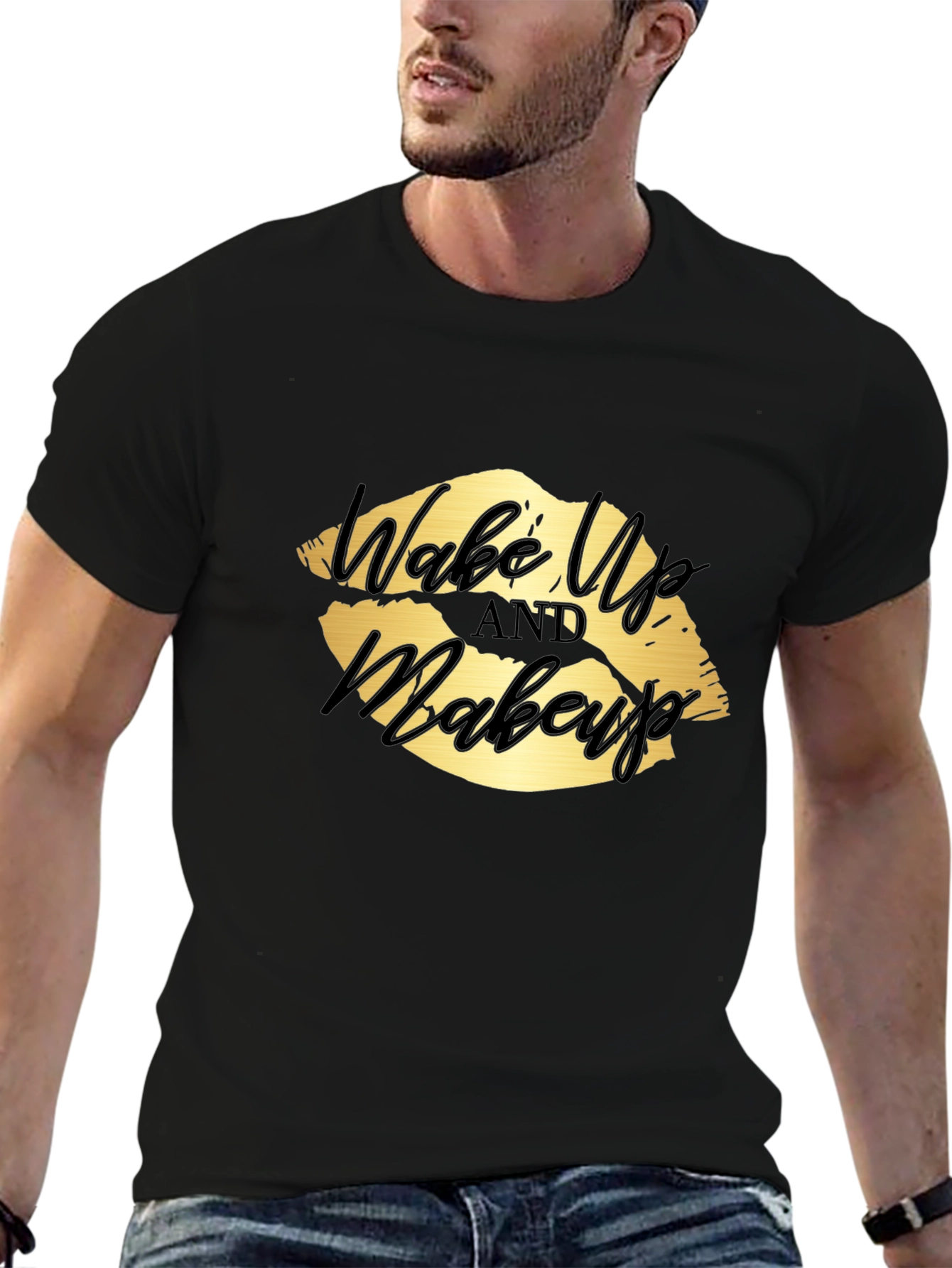 Black Wake Up and Makeup Lips Graphic T-Shirt view 6