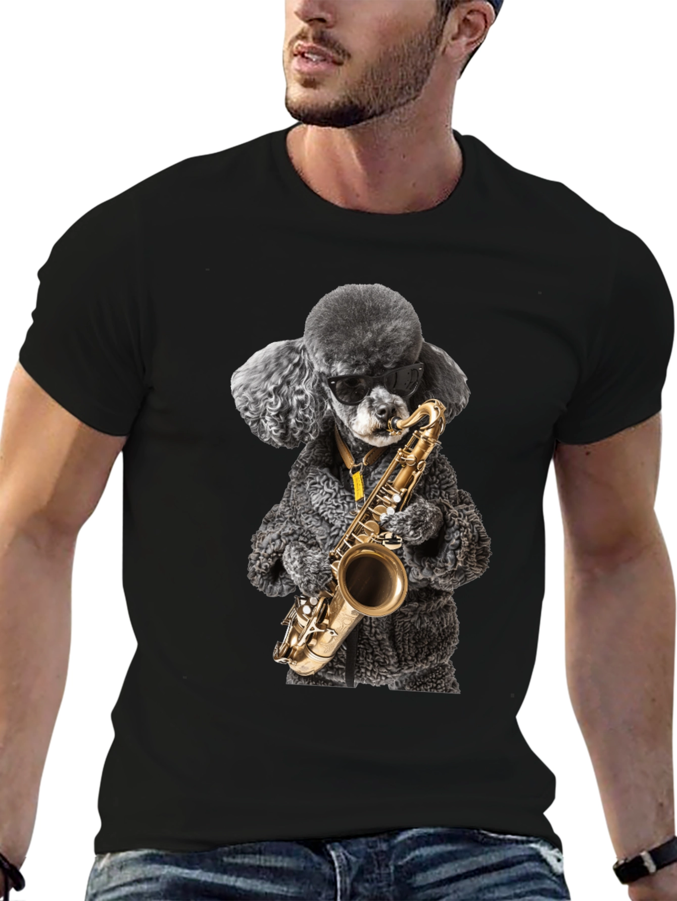 Black Cool Poodle Sax Player Graphic Tee view 6