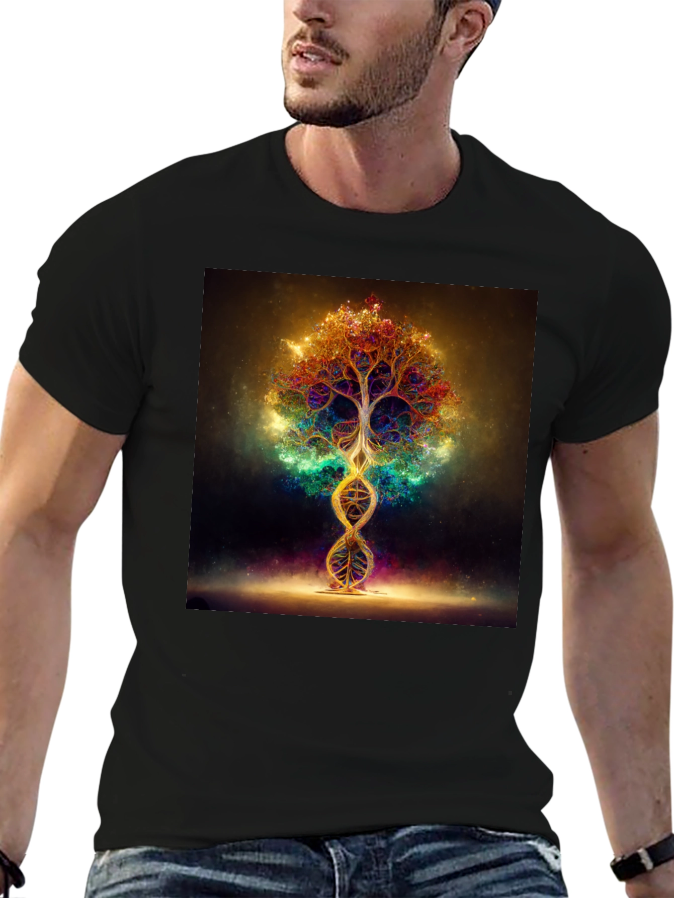 Black Cosmic Tree DNA T-Shirt - Vibrant Design view 6