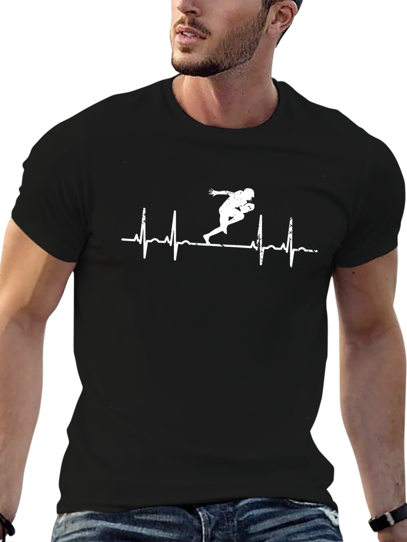 Black Football Heartbeat T-Shirt - Black view 6
