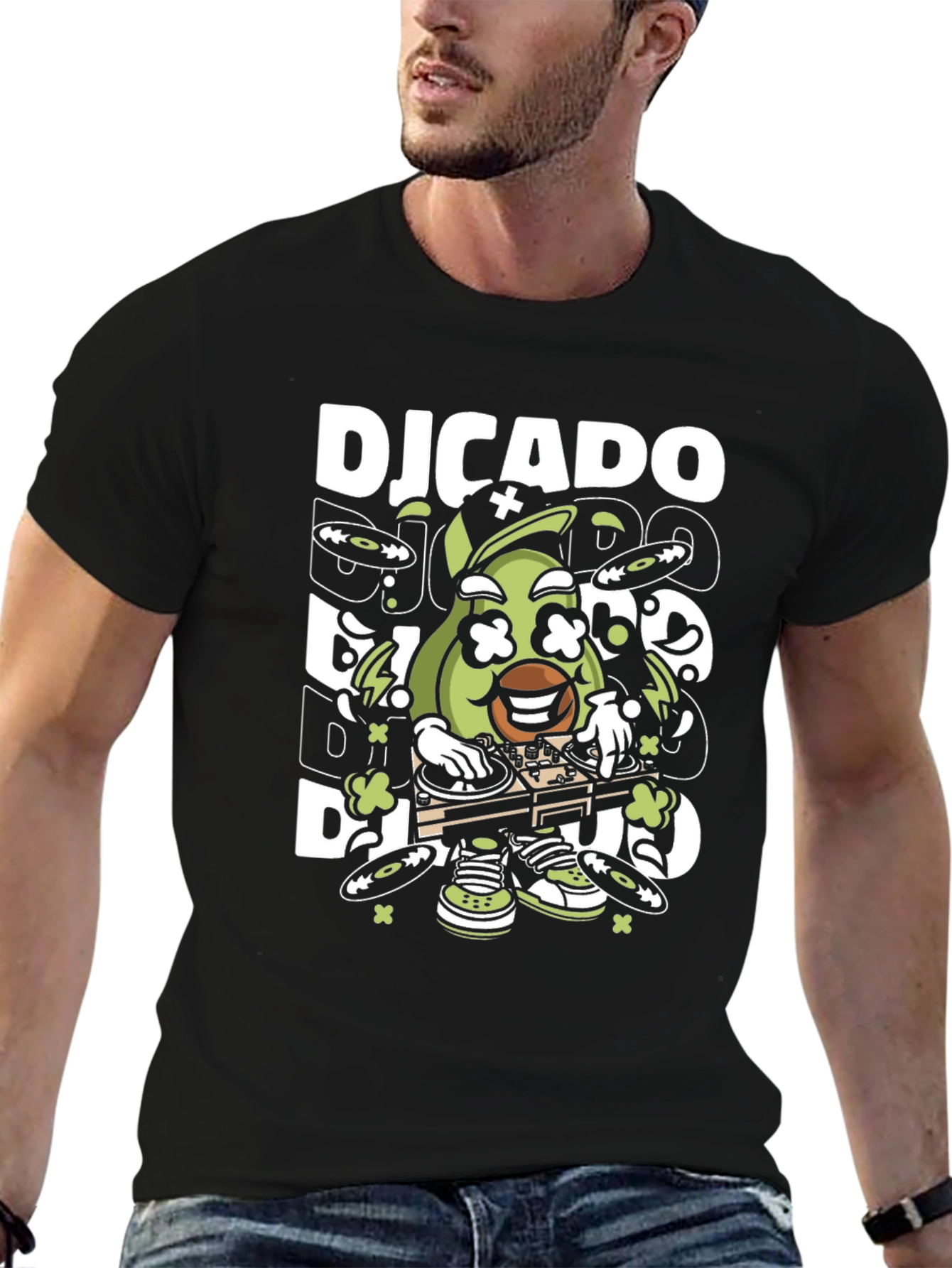Black DJ Avocado Graphic T-Shirt - Cool Fruit DJ Design view 6