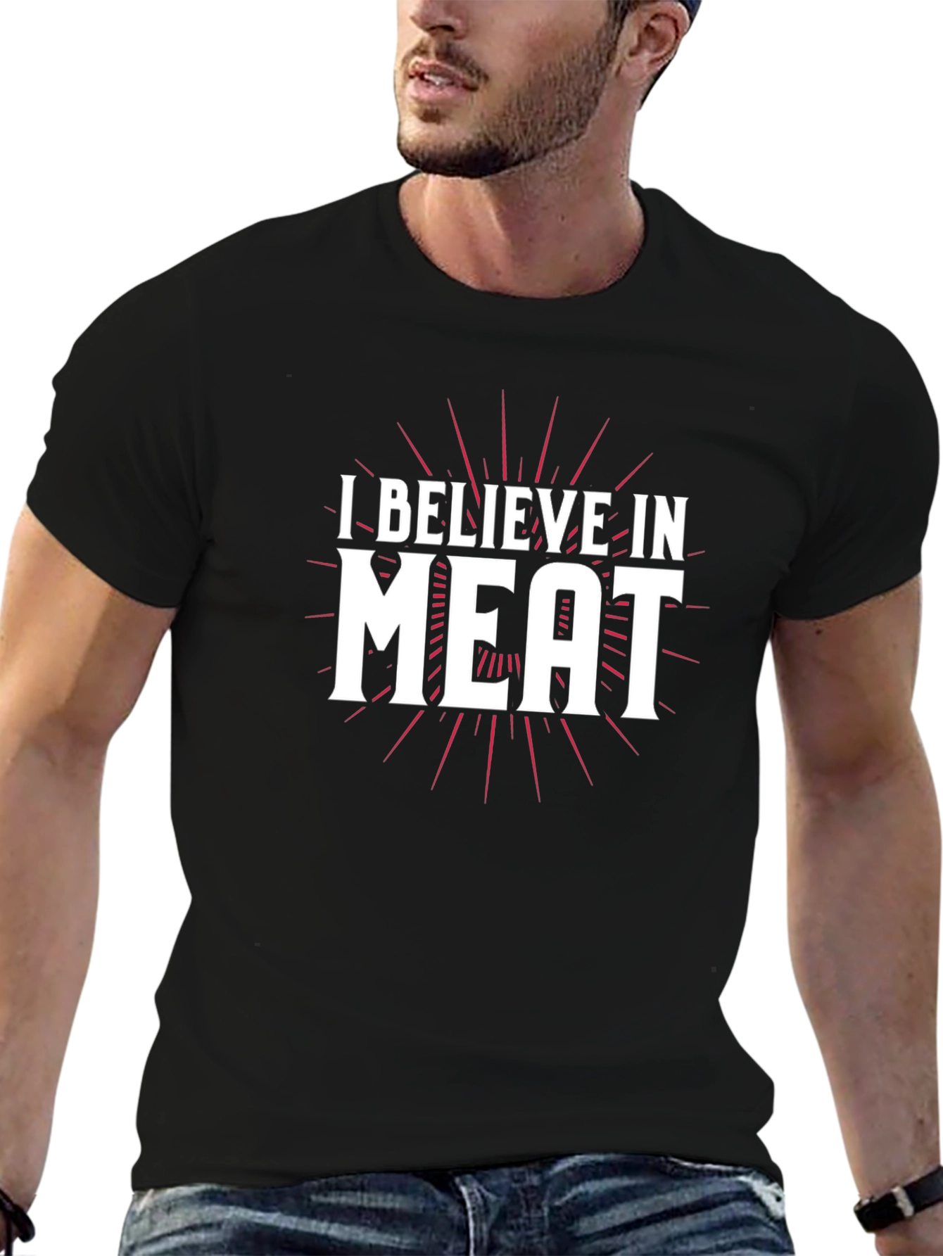Black I Believe In Meat Graphic Black T-Shirt view 6