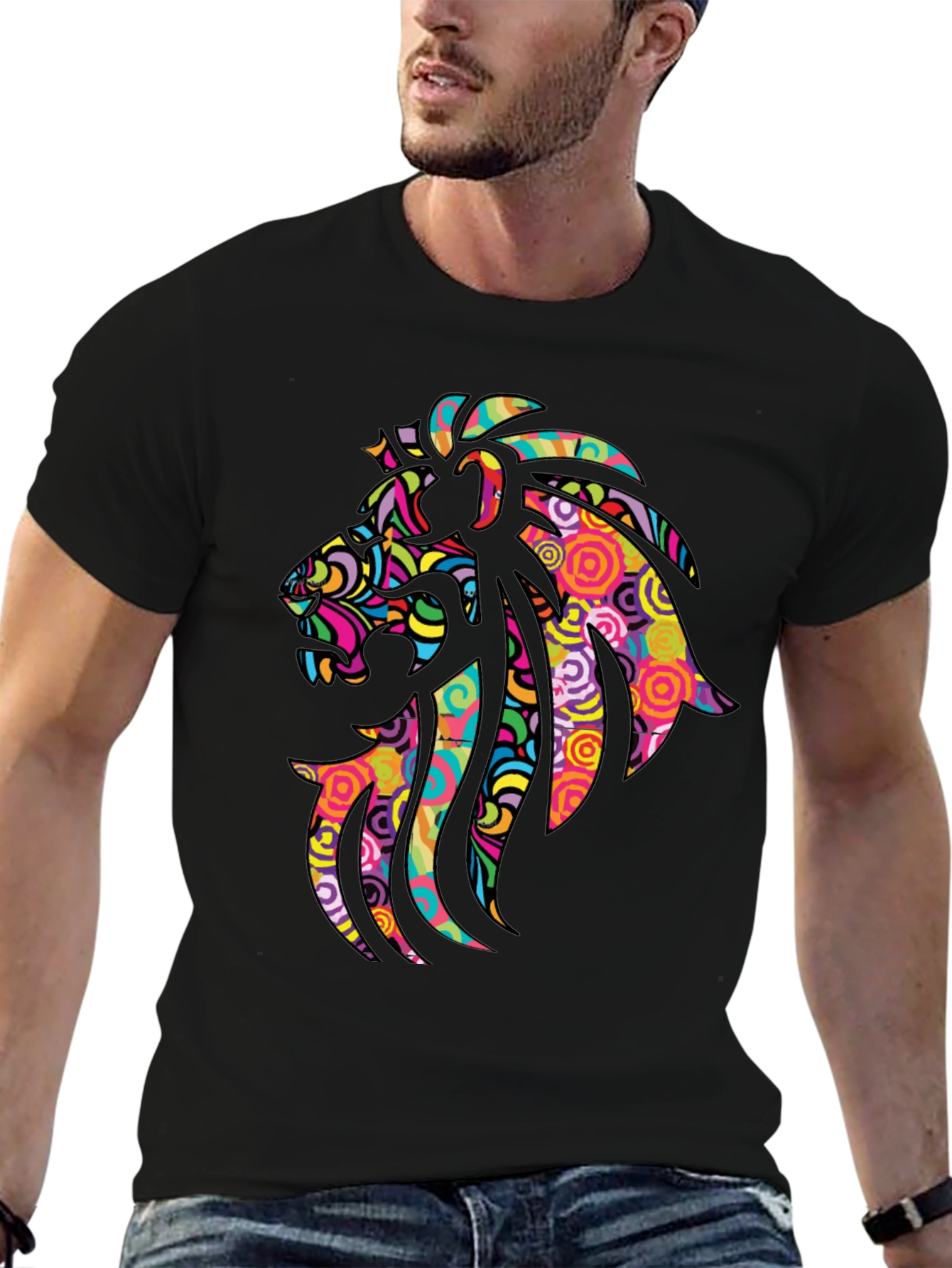 Black Psychedelic Lion Graphic Black T-Shirt view 6