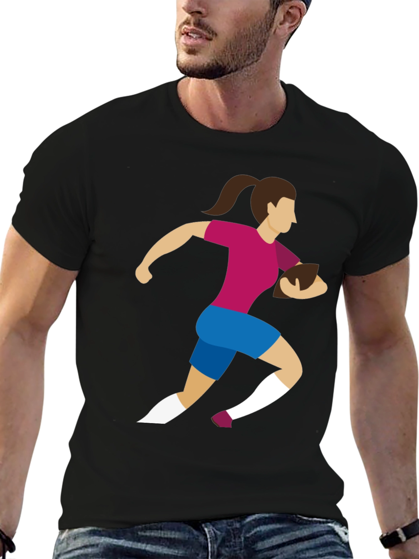 Black Rugby Girl Graphic Tee - Black Cotton Casual T-Shirt view 6