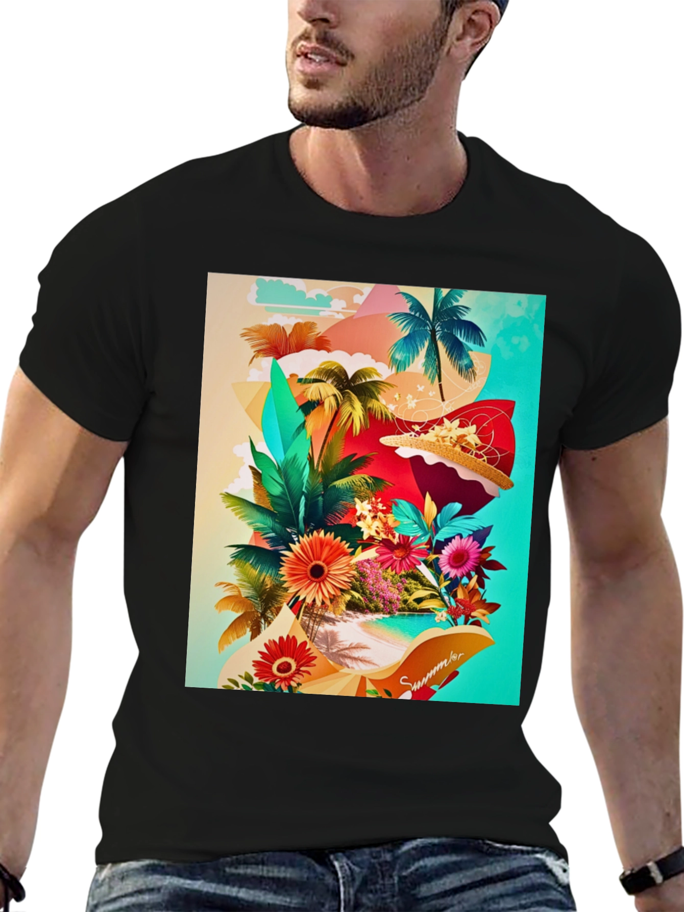 Black Tropical Summer Graphic T-Shirt view 6