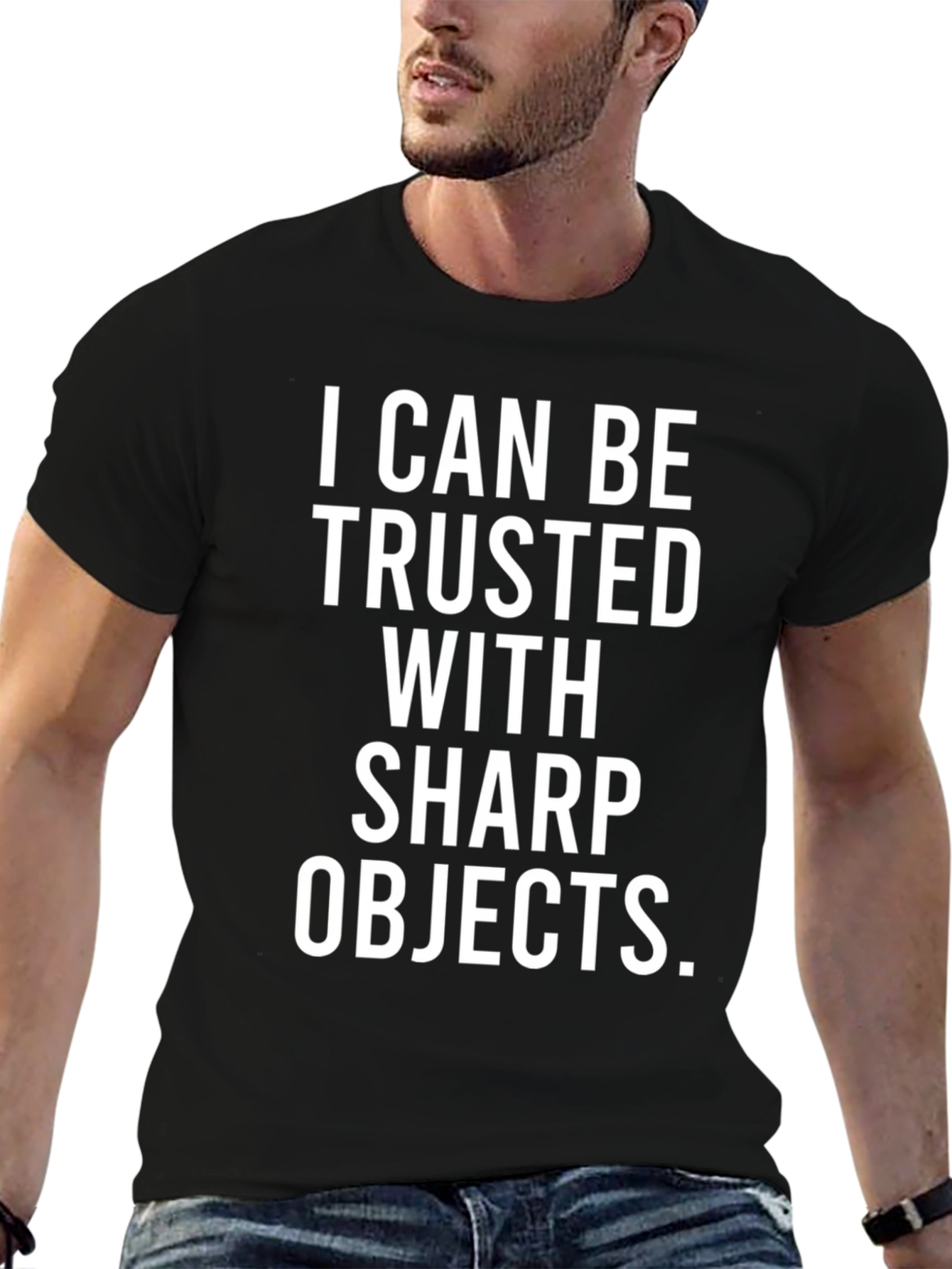 Black Funny Trustworthy Sharp Objects Humor Graphic T-Shirt view 6
