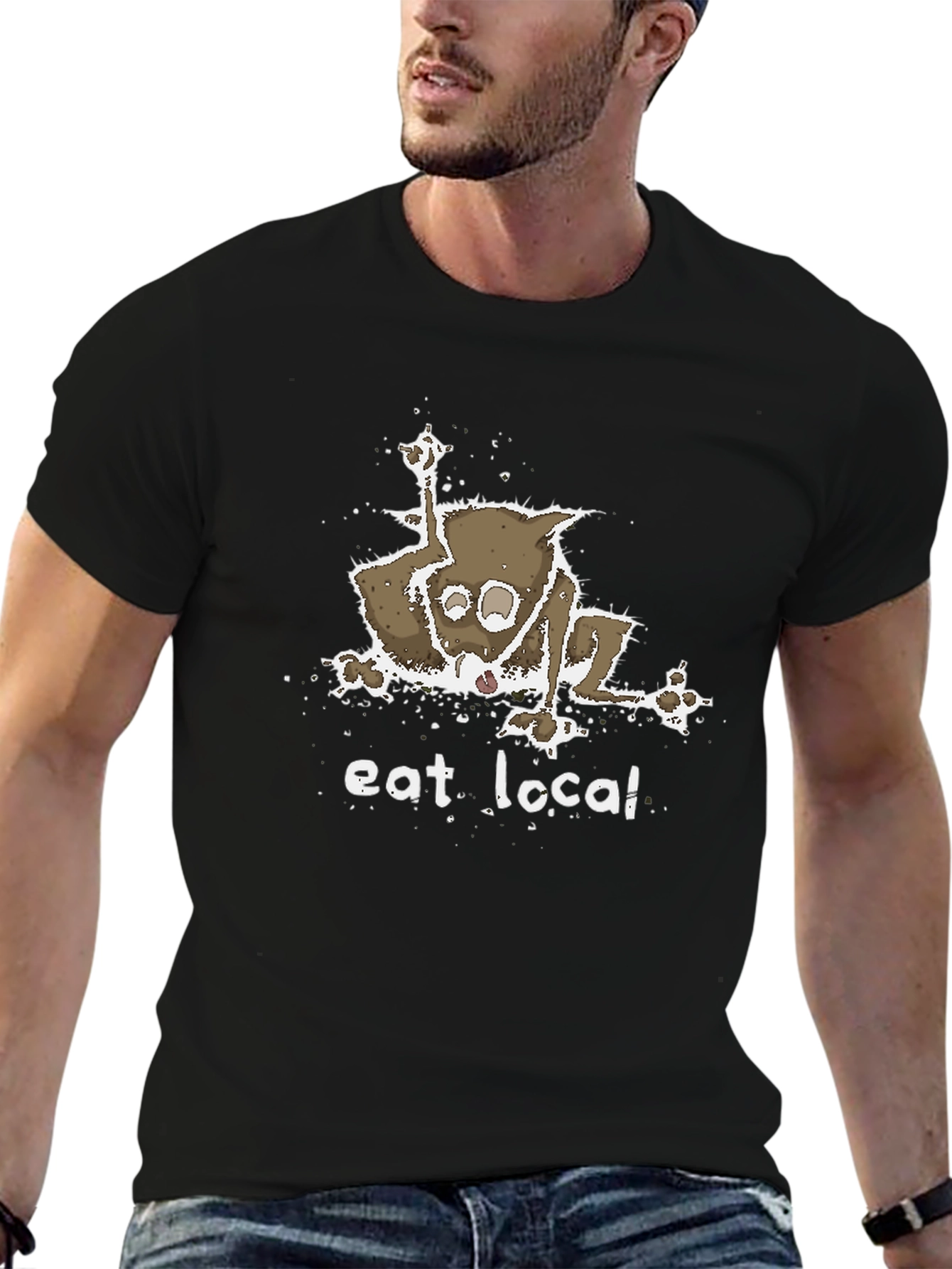Black Eat Local T-Shirt - Funny Opossum Design view 6