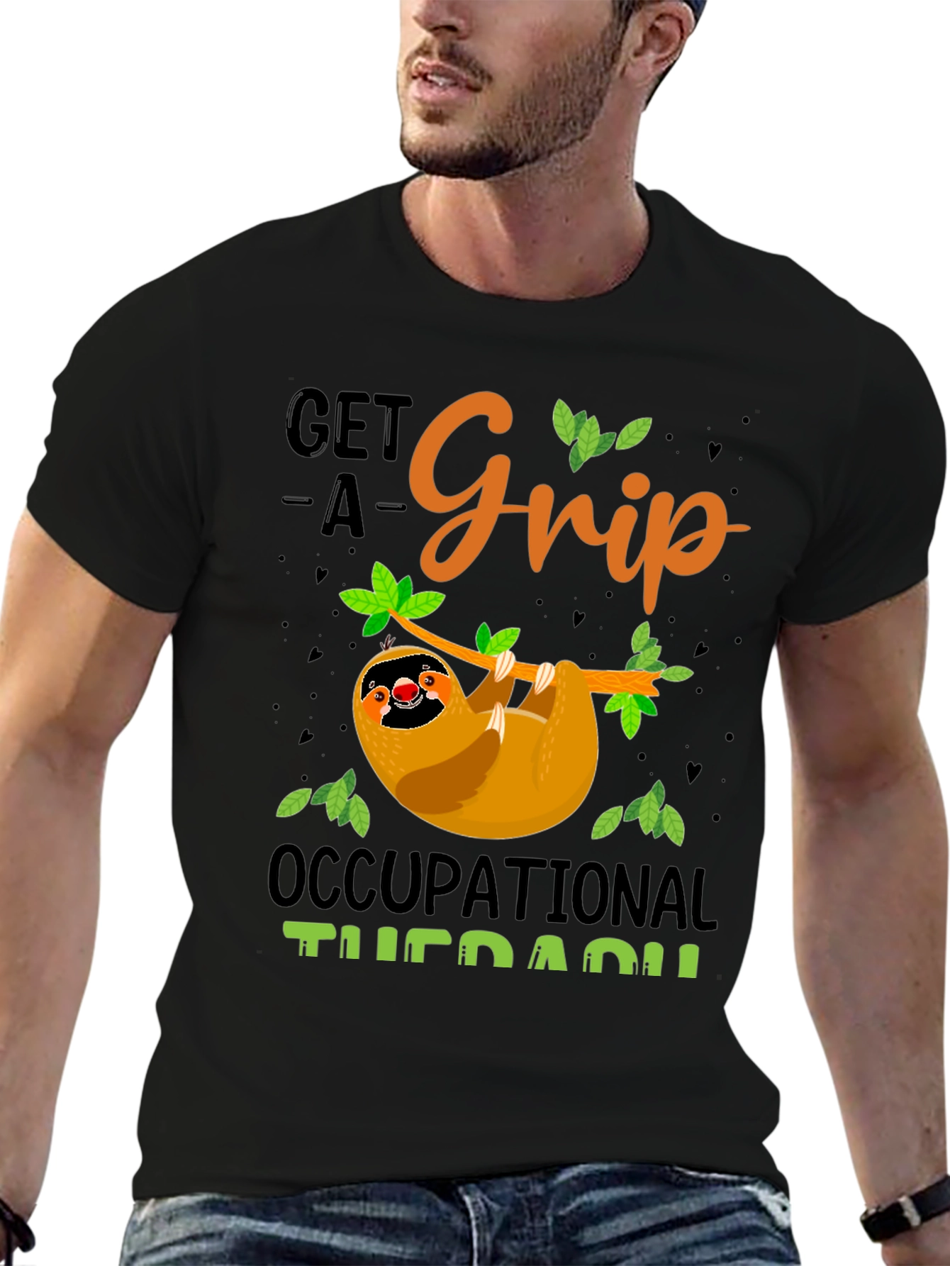 Black Get A Grip Occupational Therapy Sloth T-Shirt view 6
