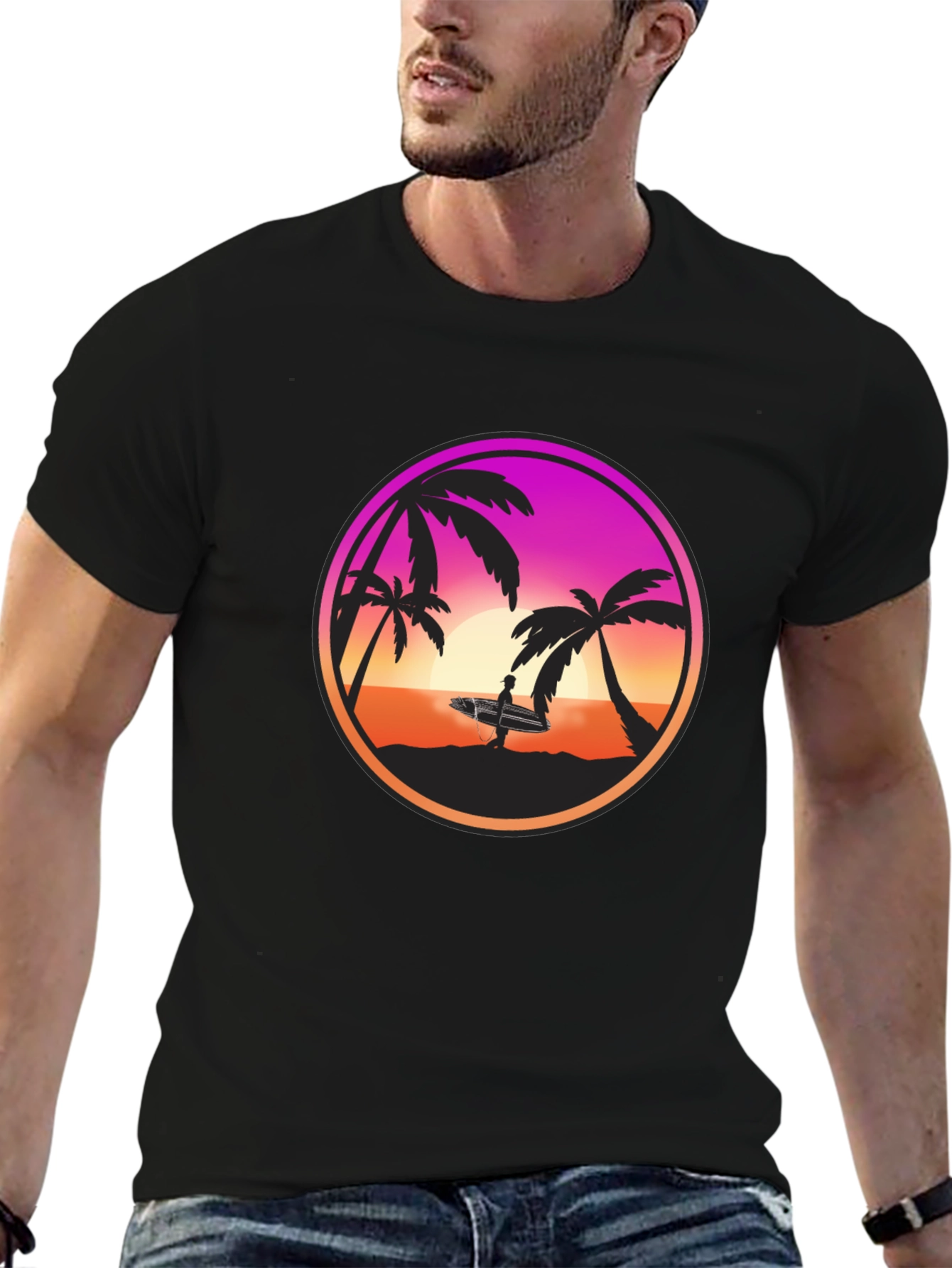 Black Sunset Surfer Graphic Tee - Black Cotton Blend view 6