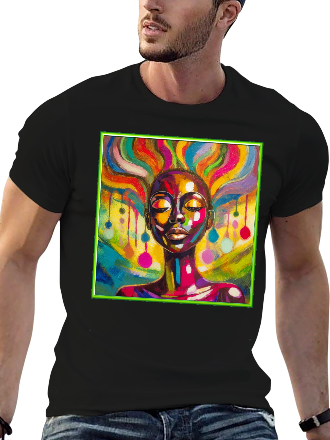 Black Vibrant Art T-Shirt: Colorful Woman Design view 6