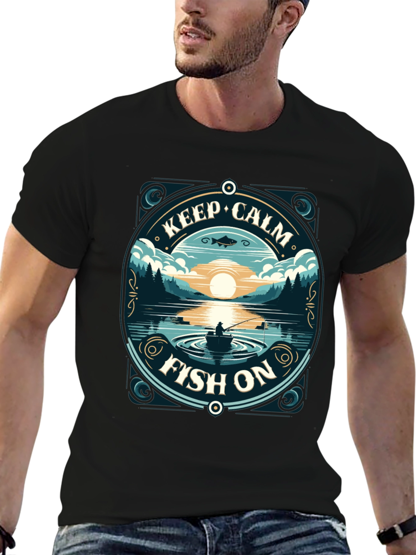 Black Keep Calm Fish On T-Shirt view 6