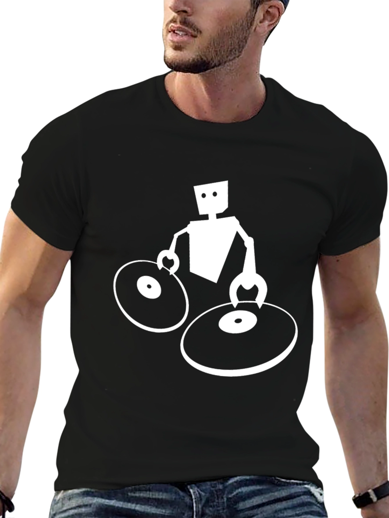 Black DJ Robot Graphic Tee - Black Cotton T-Shirt view 6
