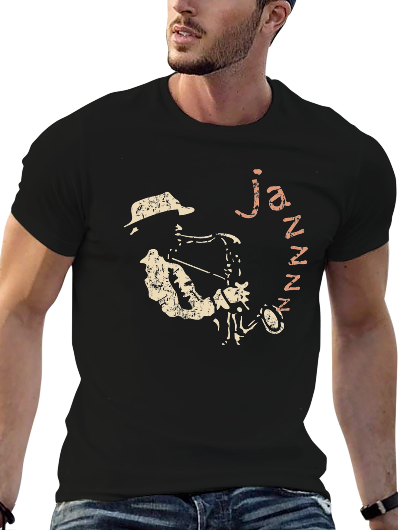 Black Jazzy Black T-Shirt - Saxophone Player Graphic view 6