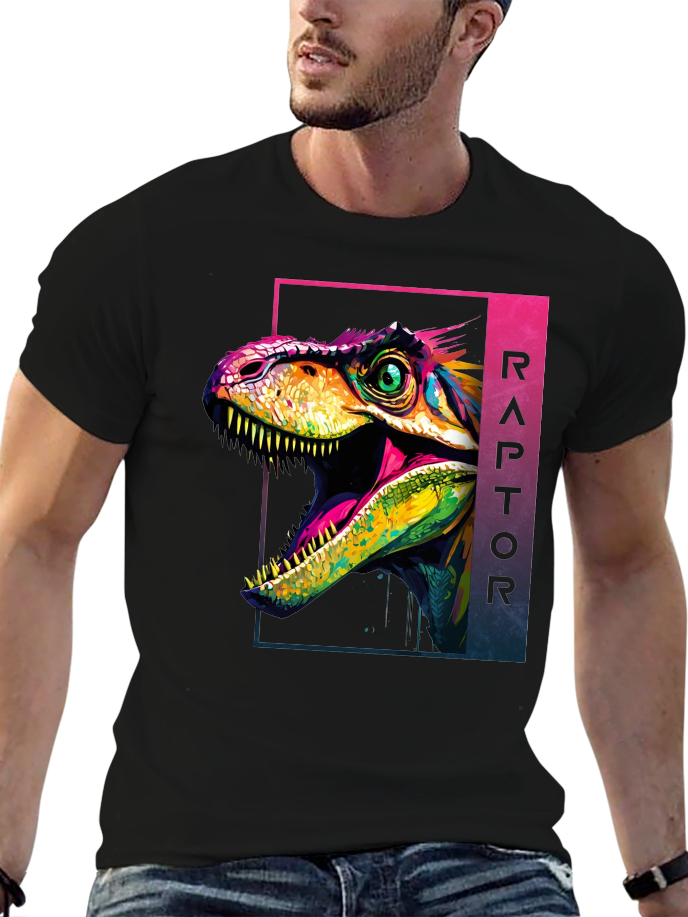 Black Vibrant Raptor Graphic Tee - Bold Dinosaur Design view 6