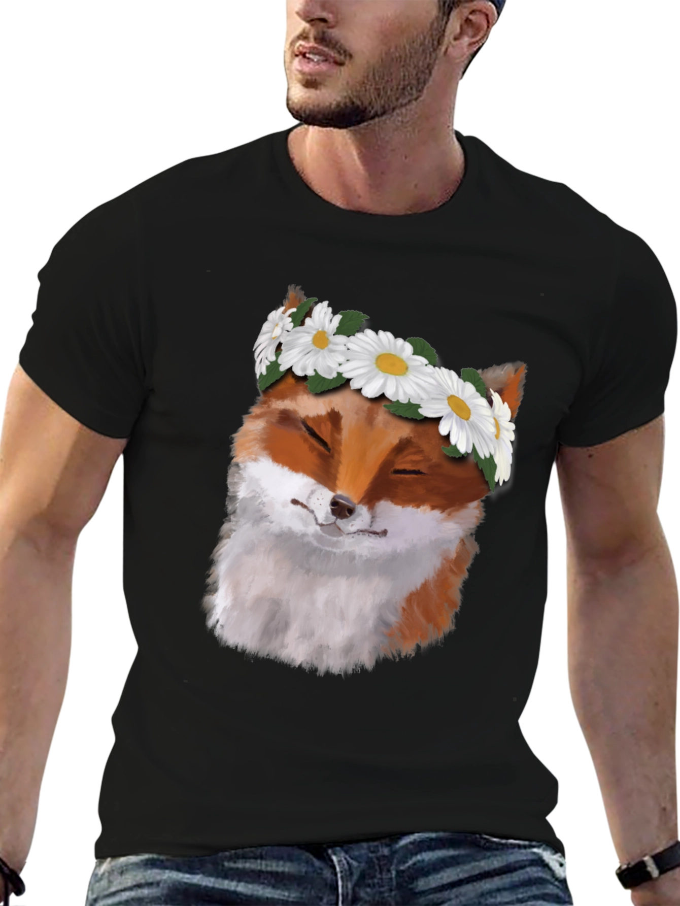 Black Fox with Daisy Crown Black T-Shirt - Unique Graphic Tee view 6