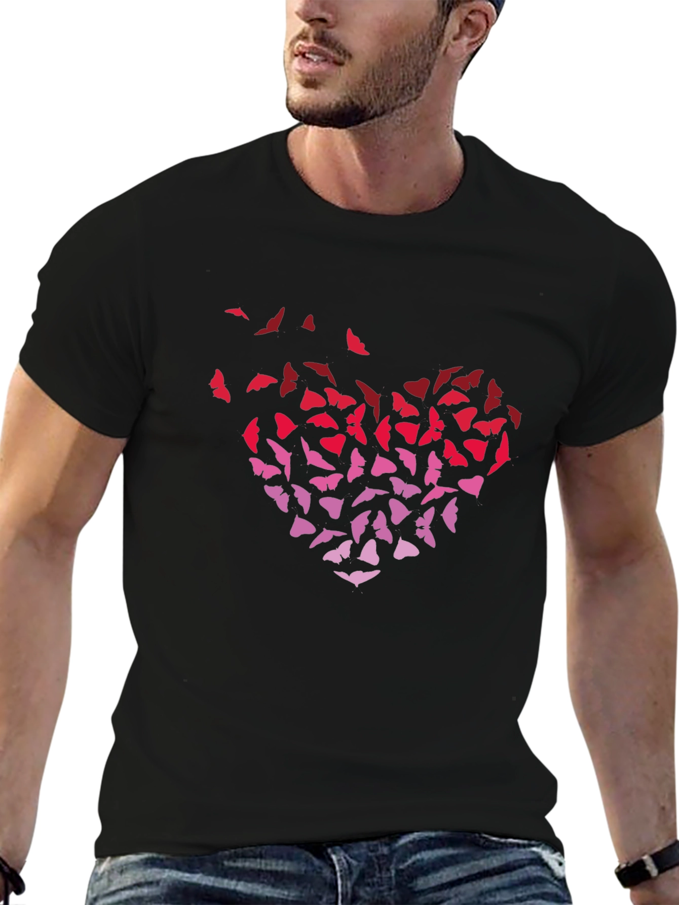 Black Butterfly Heart Graphic Tee - Stylish Men's Black T-Shirt view 6