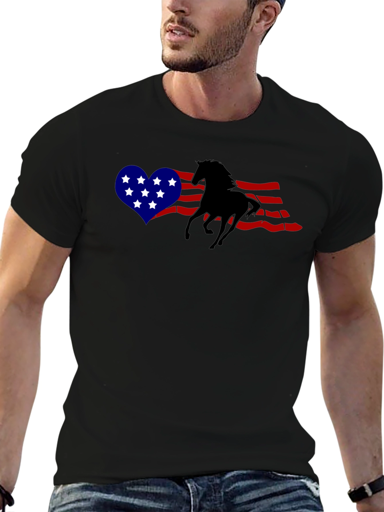 Black American Flag Horse Graphic T-Shirt view 6