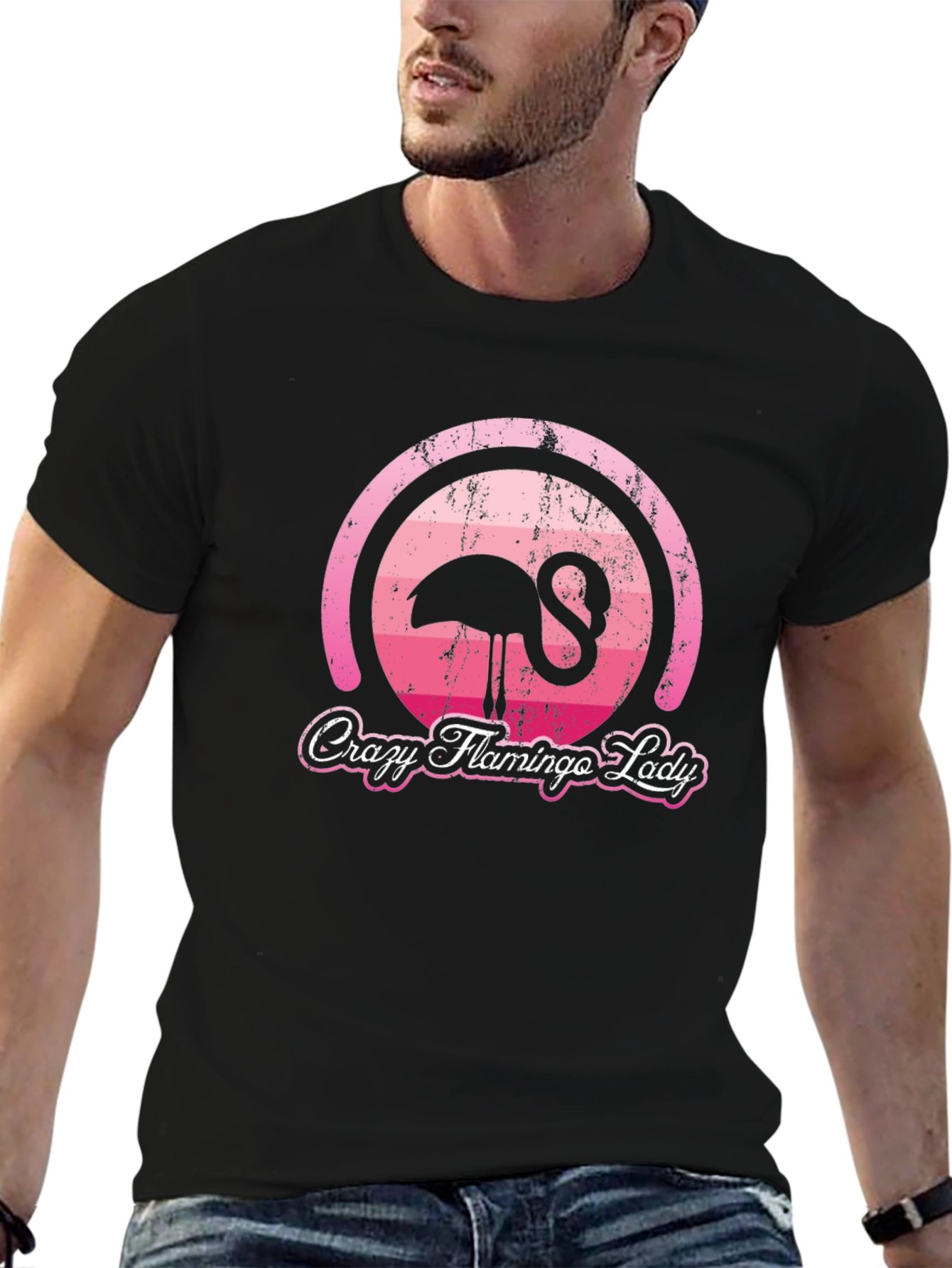 Black Crazy Flamingo Lady Graphic T-Shirt view 6