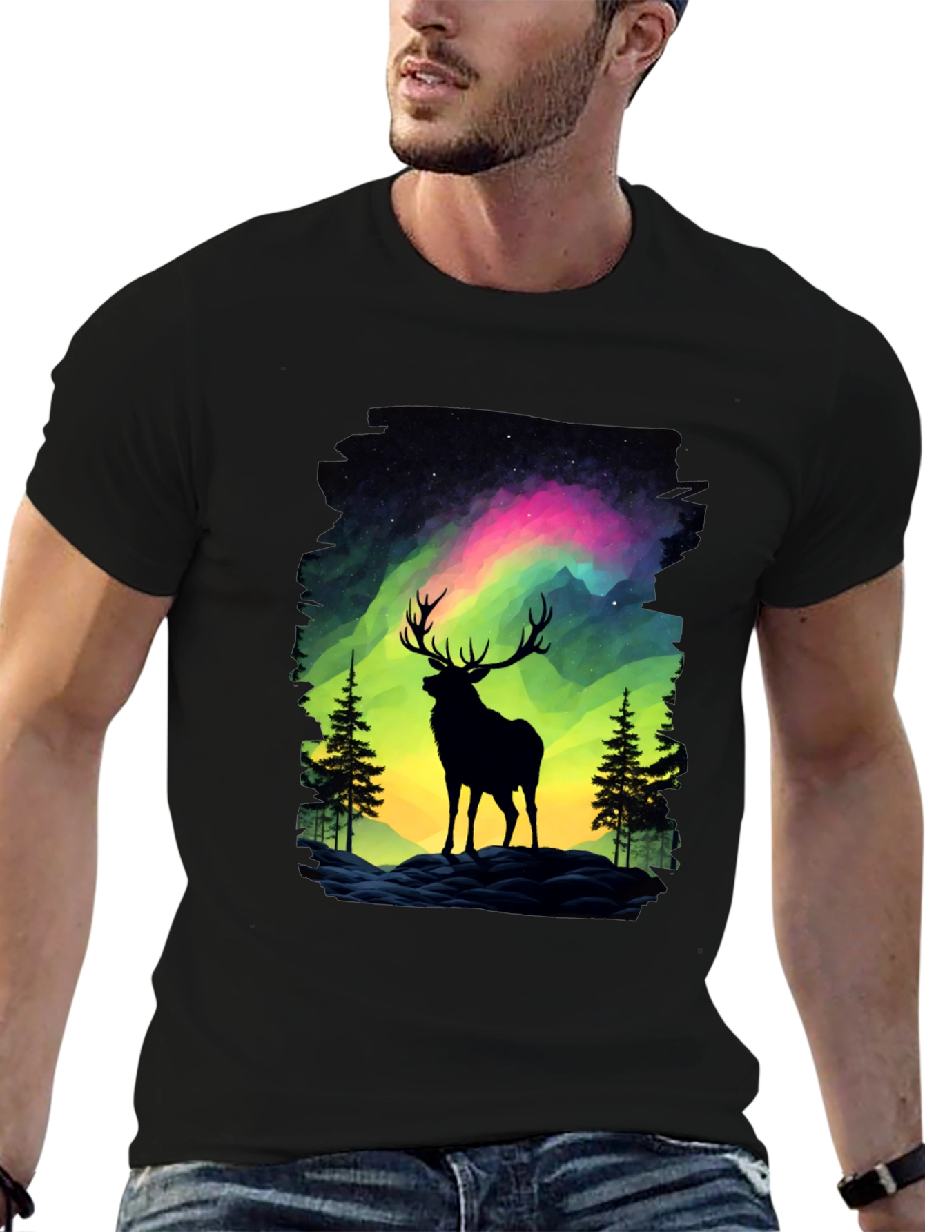Black Aurora Deer Graphic Tee - Nature Inspired Design view 6