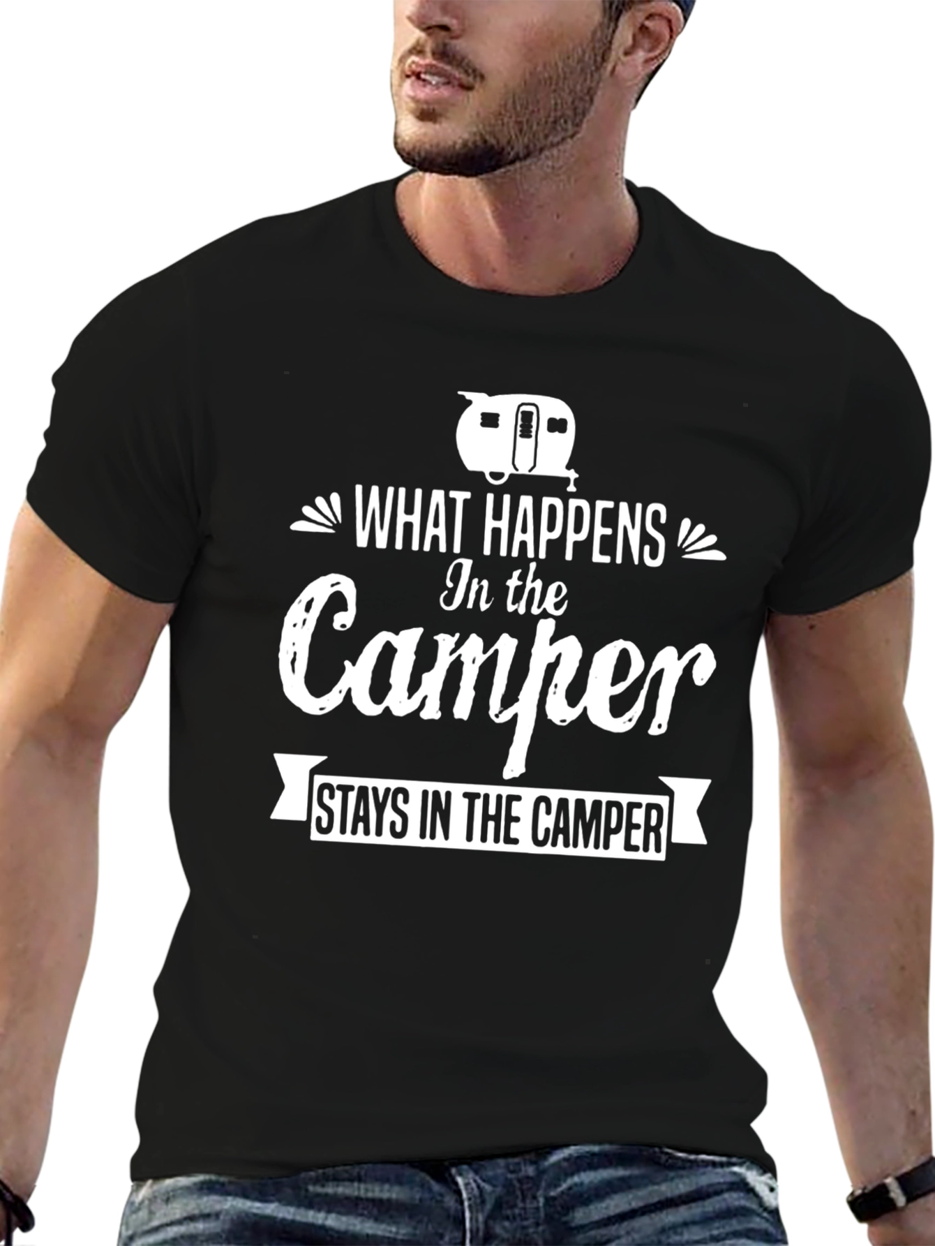 Black Camper Graphic T-Shirt - "What Happens In the Camper" view 6
