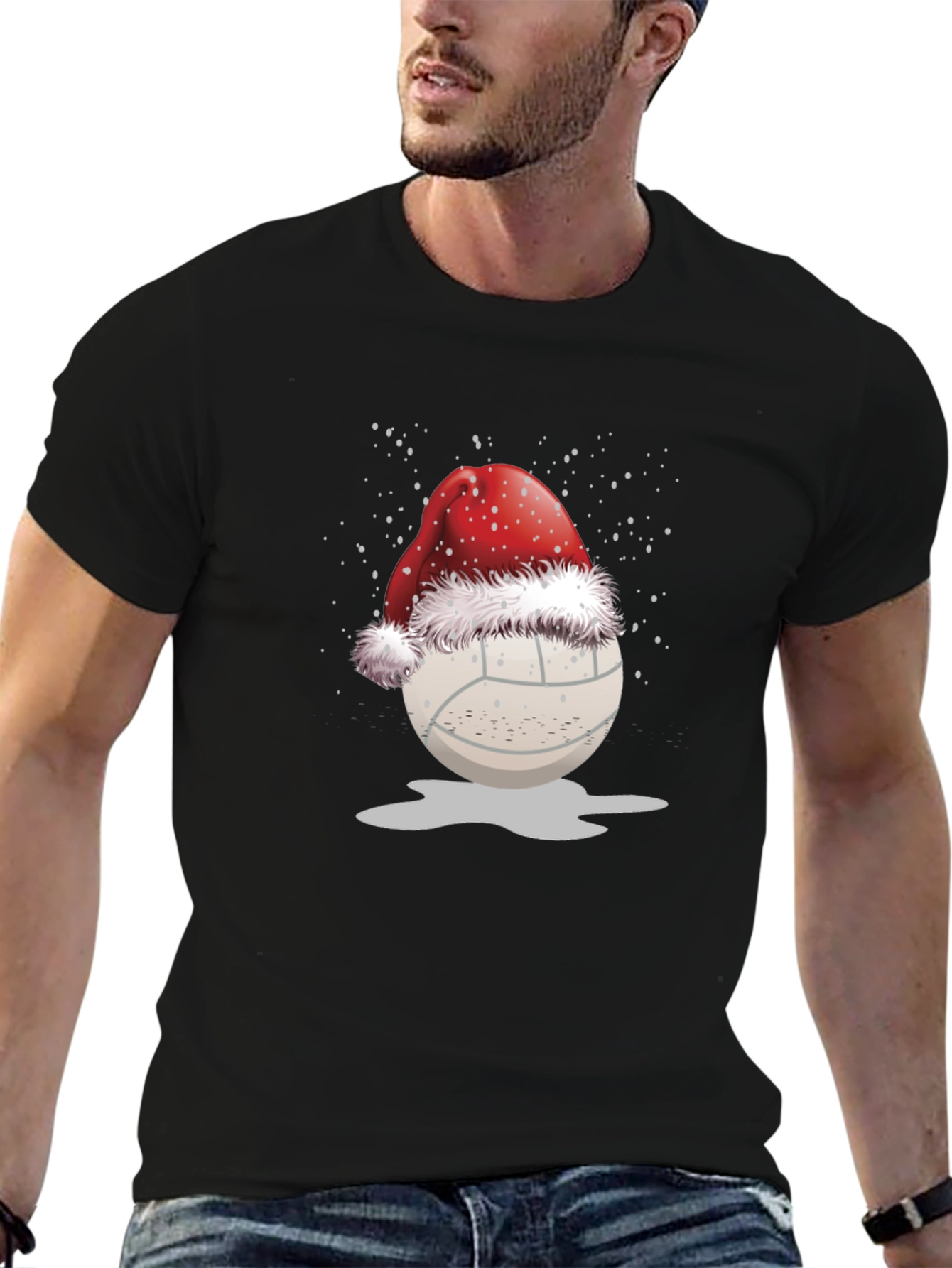 Black Volleyball Santa Hat Graphic Tee view 6