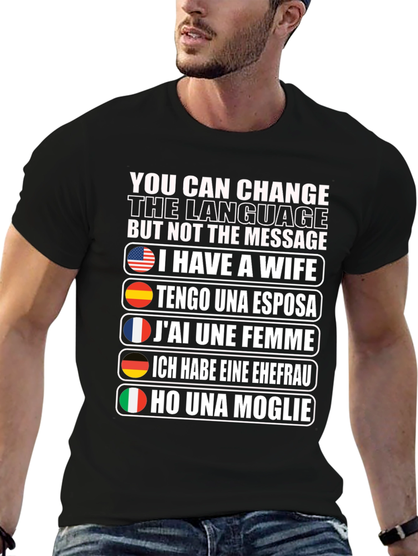 Black Multilingual "I Have a Wife" Graphic T-Shirt view 6