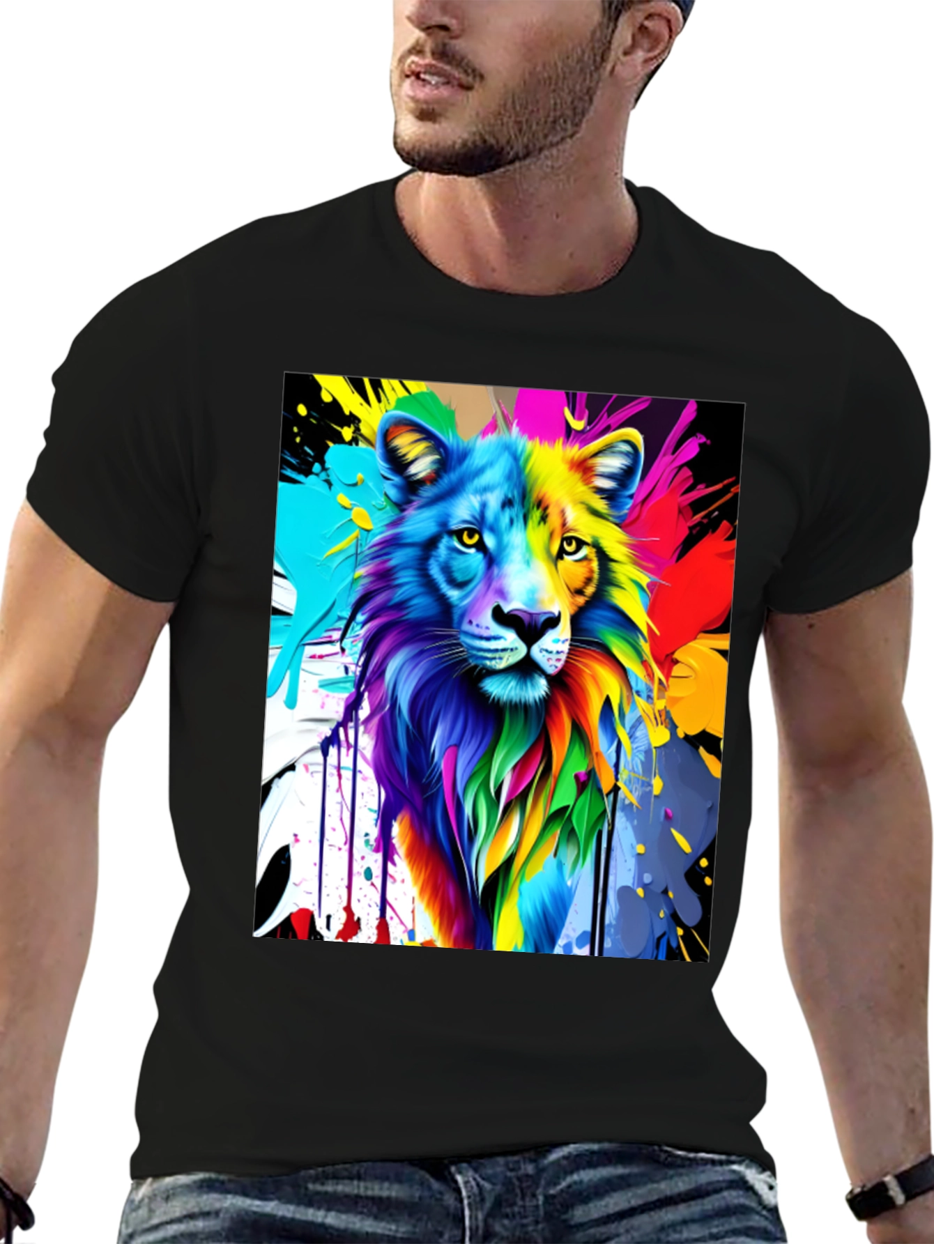 Black Colorful Lion Graphic Black T-Shirt view 6