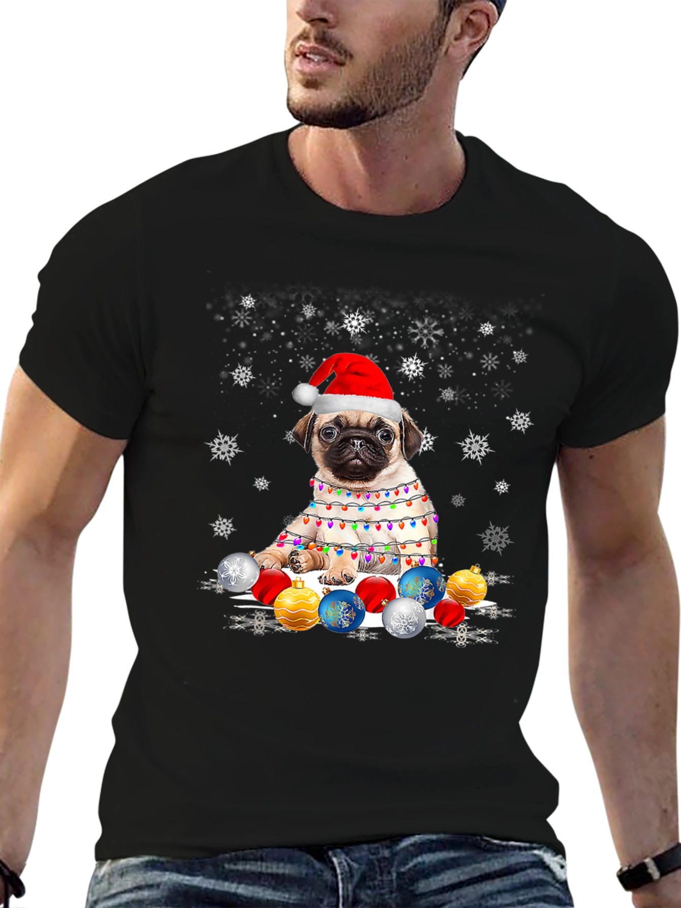 Black Festive Pug Christmas T-Shirt view 6