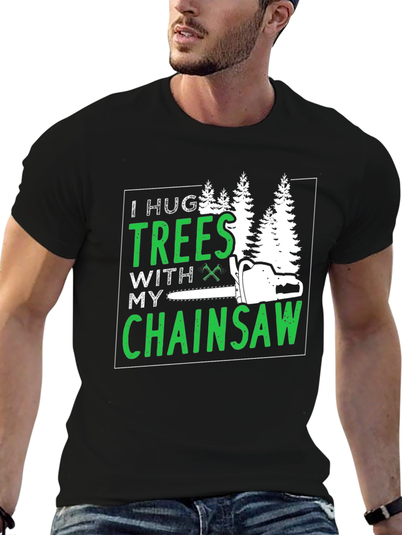 Black I Hug Trees With My Chainsaw Graphic Tee view 6