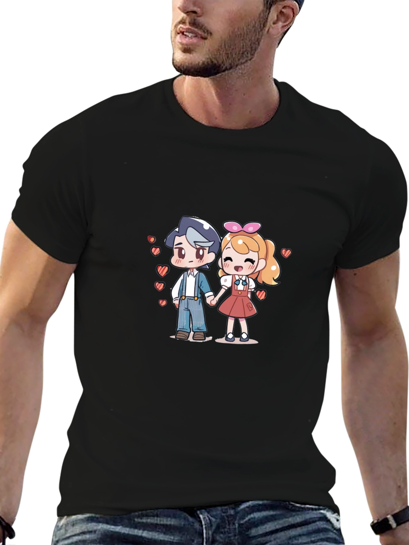 Black Anime Love T-Shirt - Cute Couple Tee view 6
