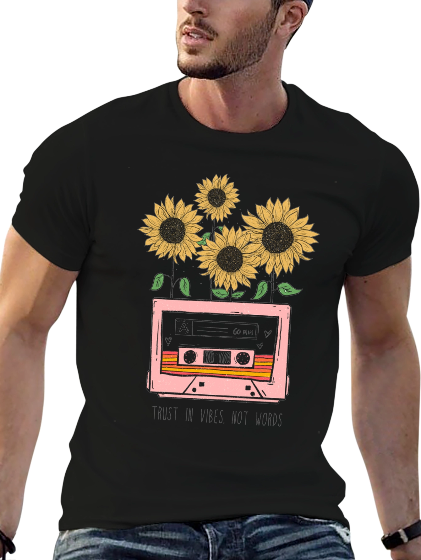 Black Sunflower Cassette Tape Graphic Tee view 6