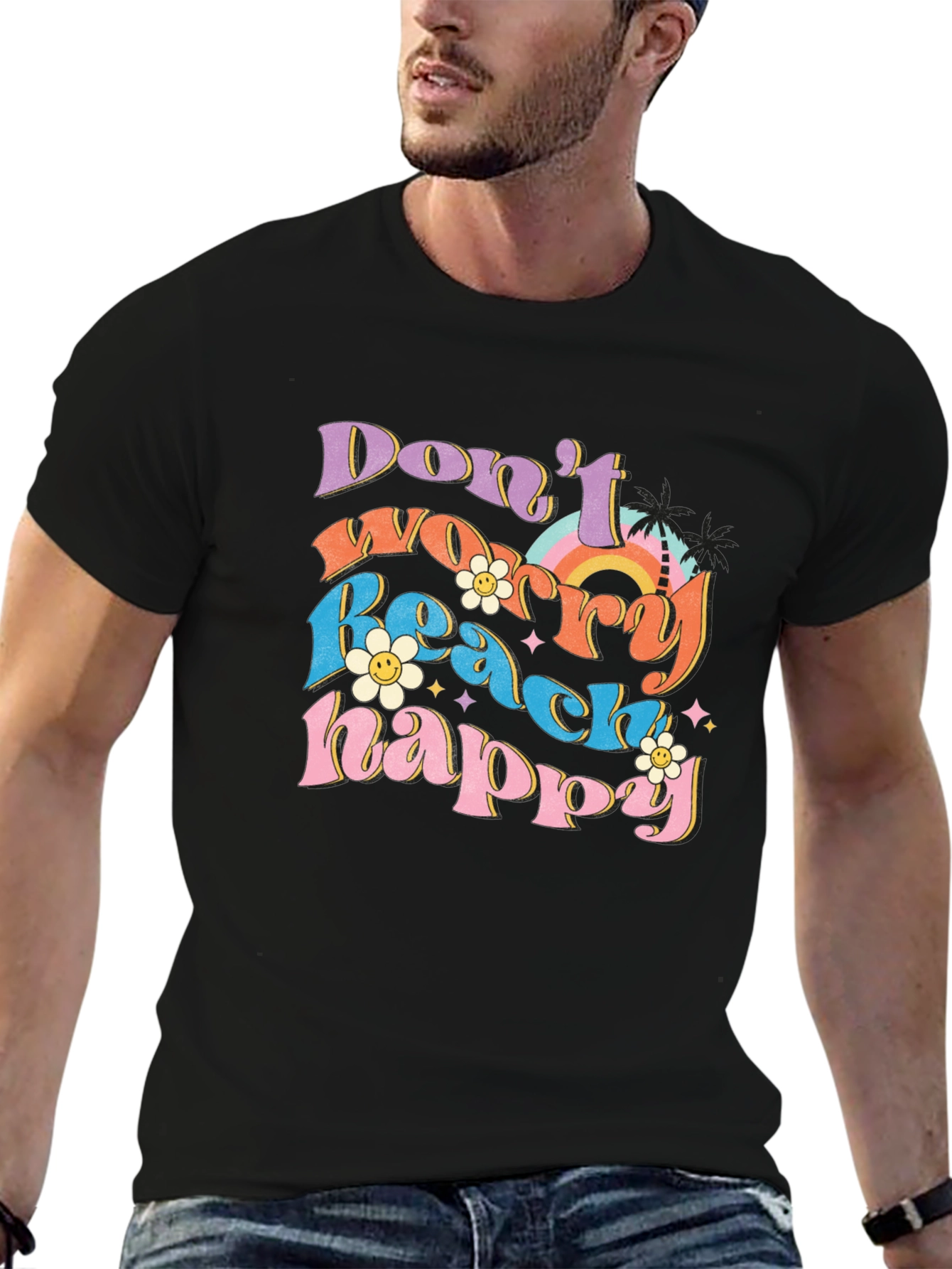 Black Don't Worry Beach Happy Graphic T-Shirt view 6