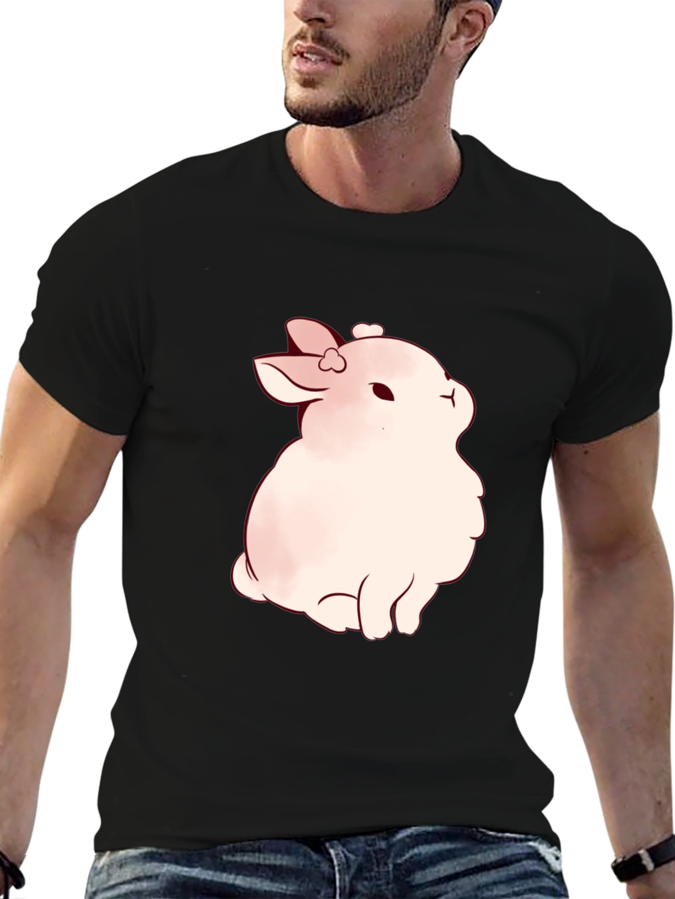 Black Cute Bunny Graphic Black T-Shirt view 6