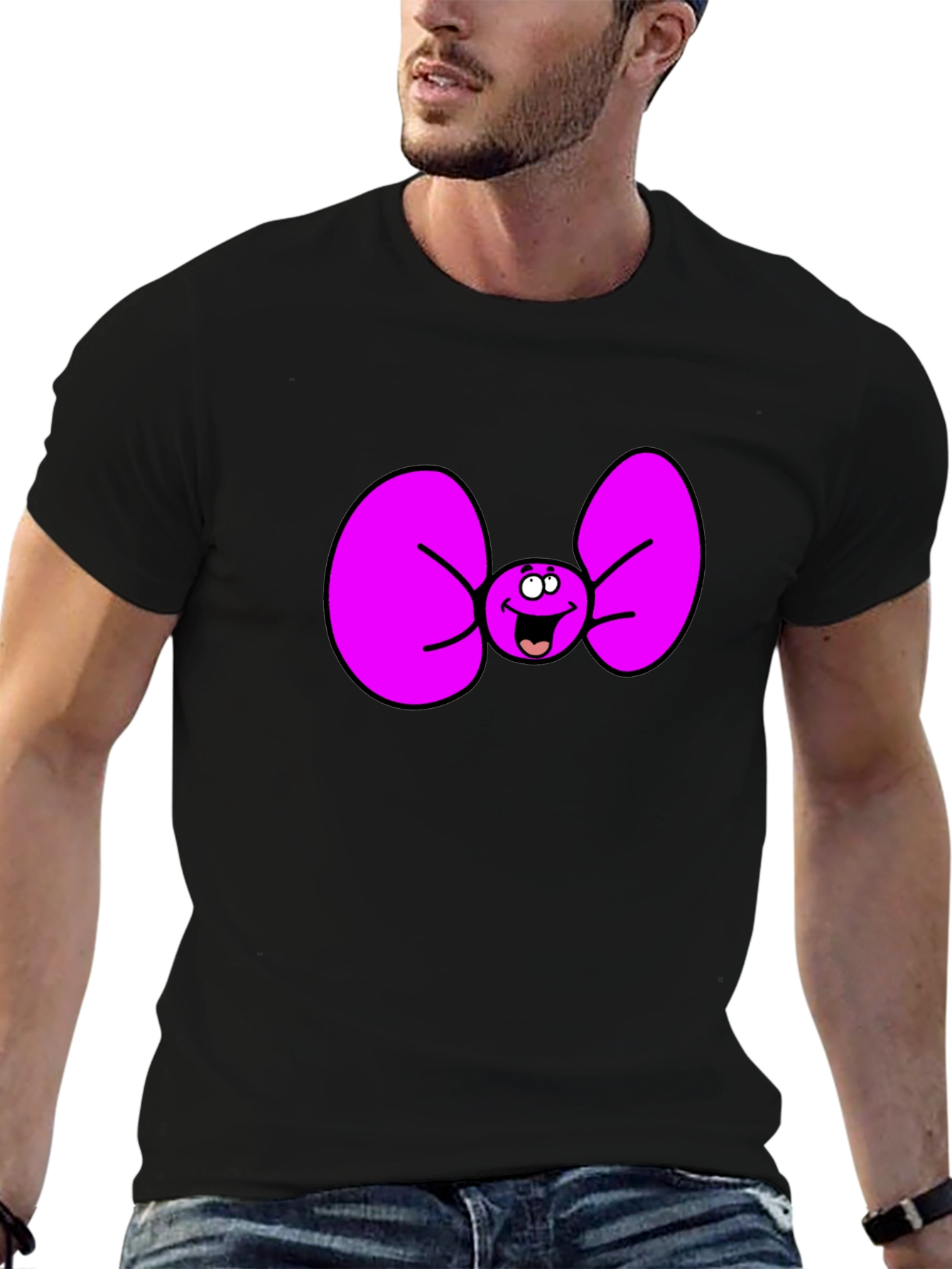 Black Funny Cartoon Bow Tie Graphic Tee view 6